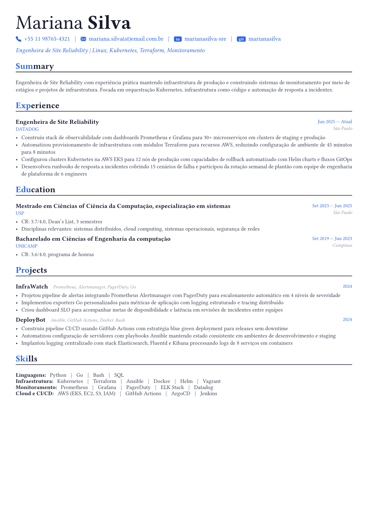 Site Reliability Engineer exemplo de currículo