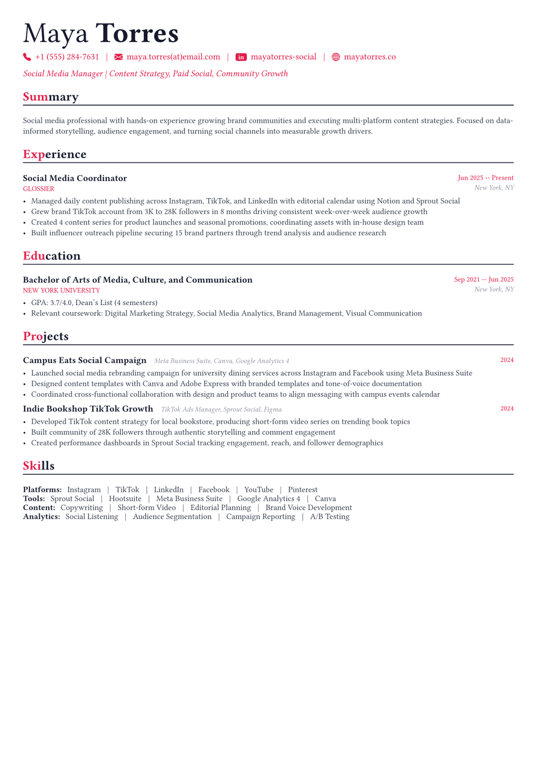 Social Media Manager resume example