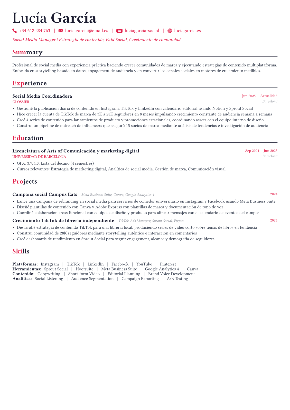 Social Media Manager ejemplo de CV
