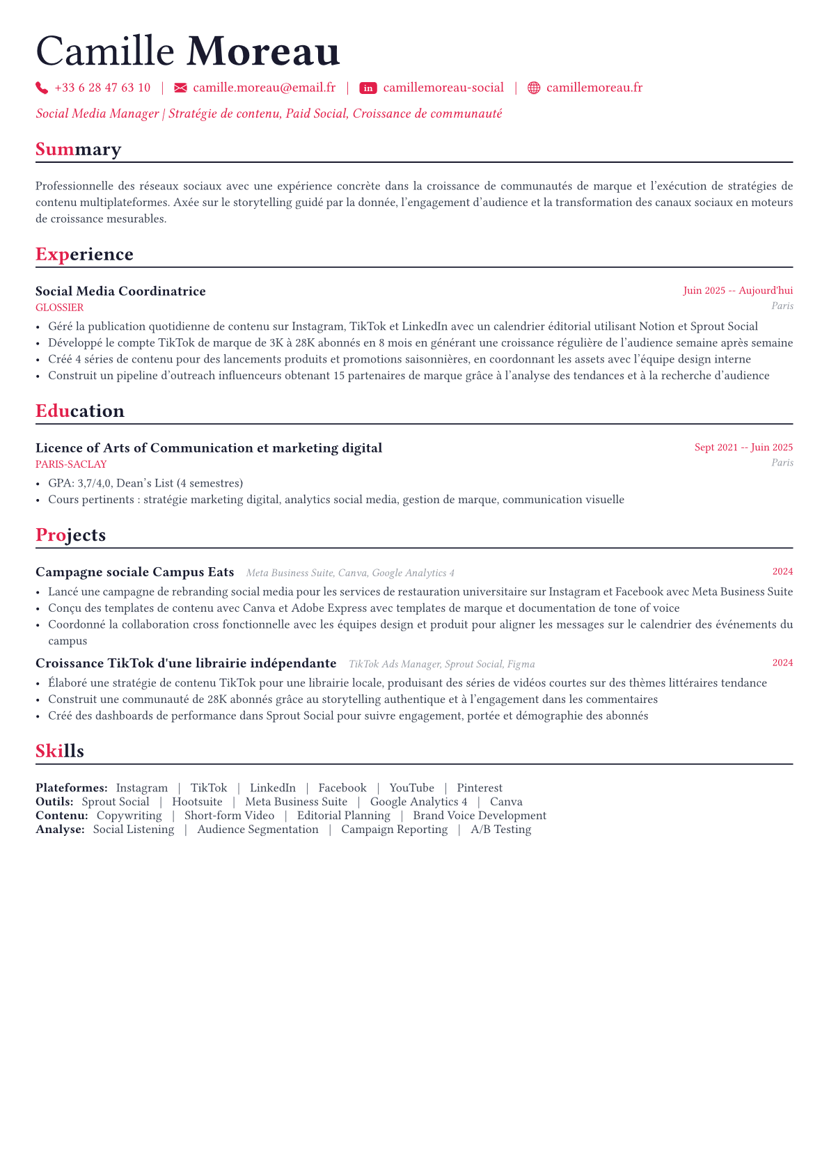 Social Media Manager exemple de CV