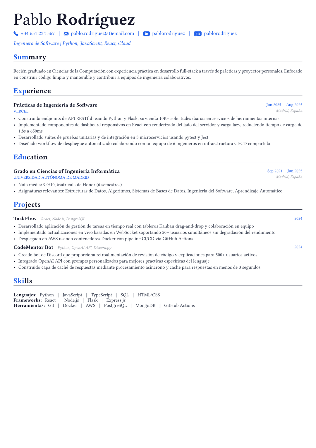 Ingeniero de software ejemplo de CV