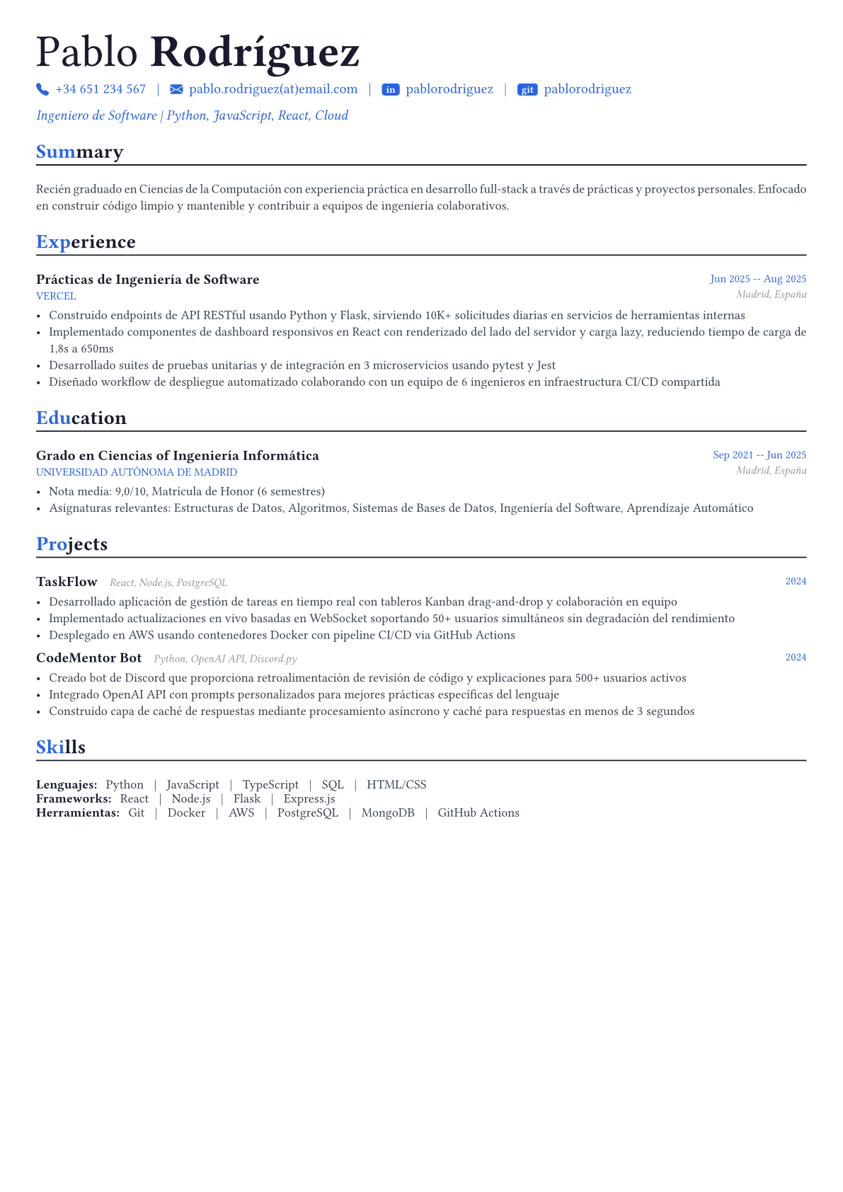Software Engineer ejemplo de CV
