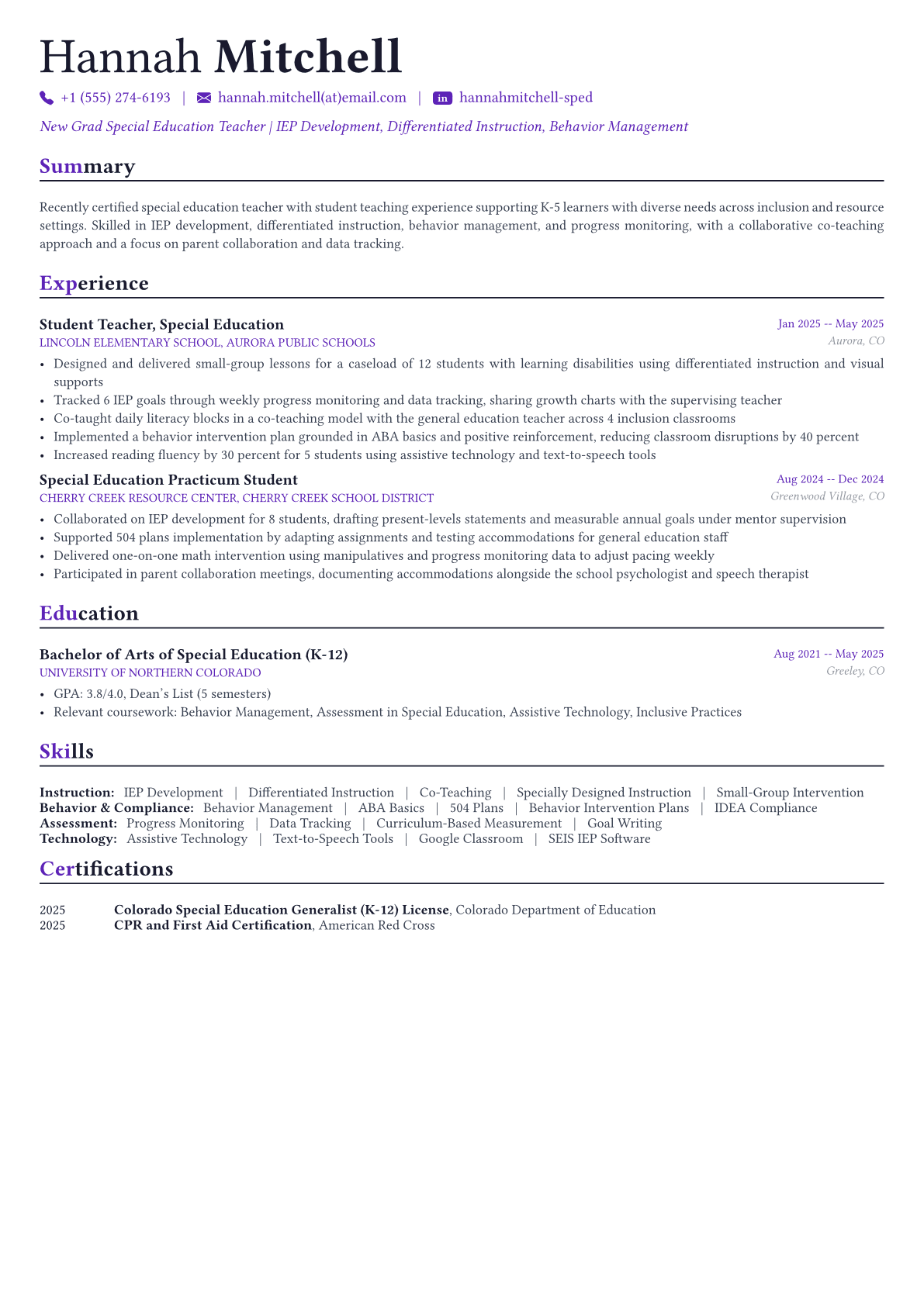 Special Education Teacher resume example