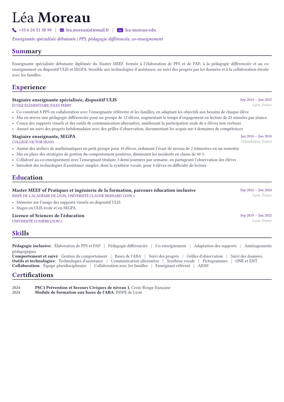 Enseignant spécialisé exemple de CV
