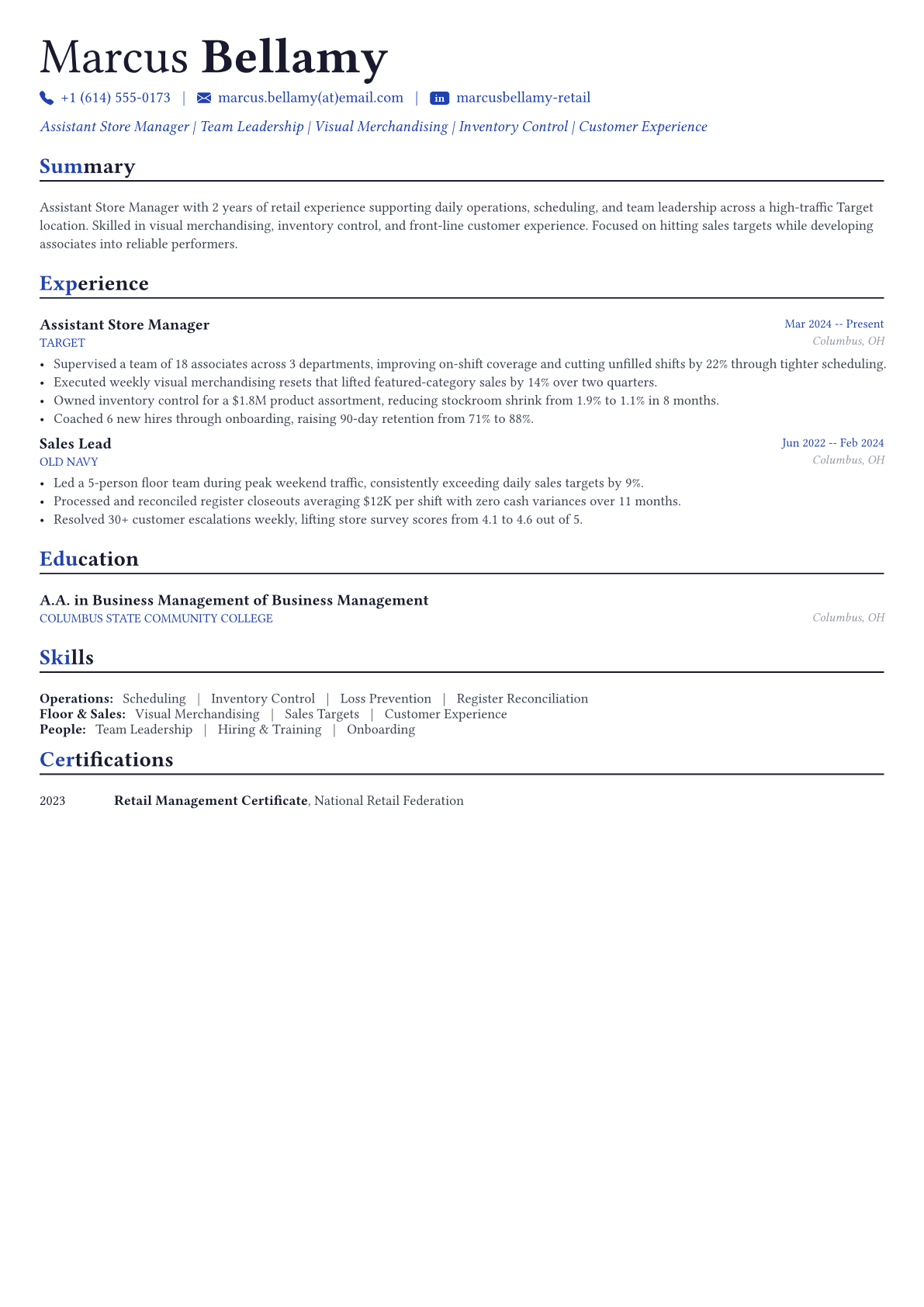 Store Manager resume example