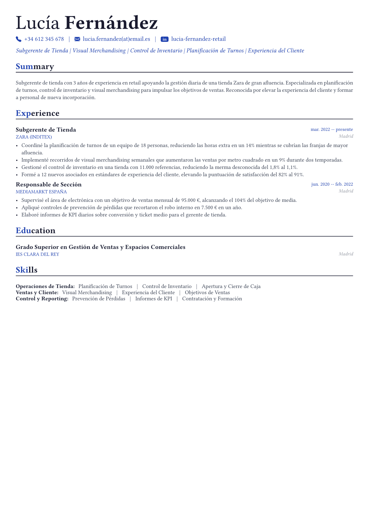 Gerente de tienda ejemplo de CV