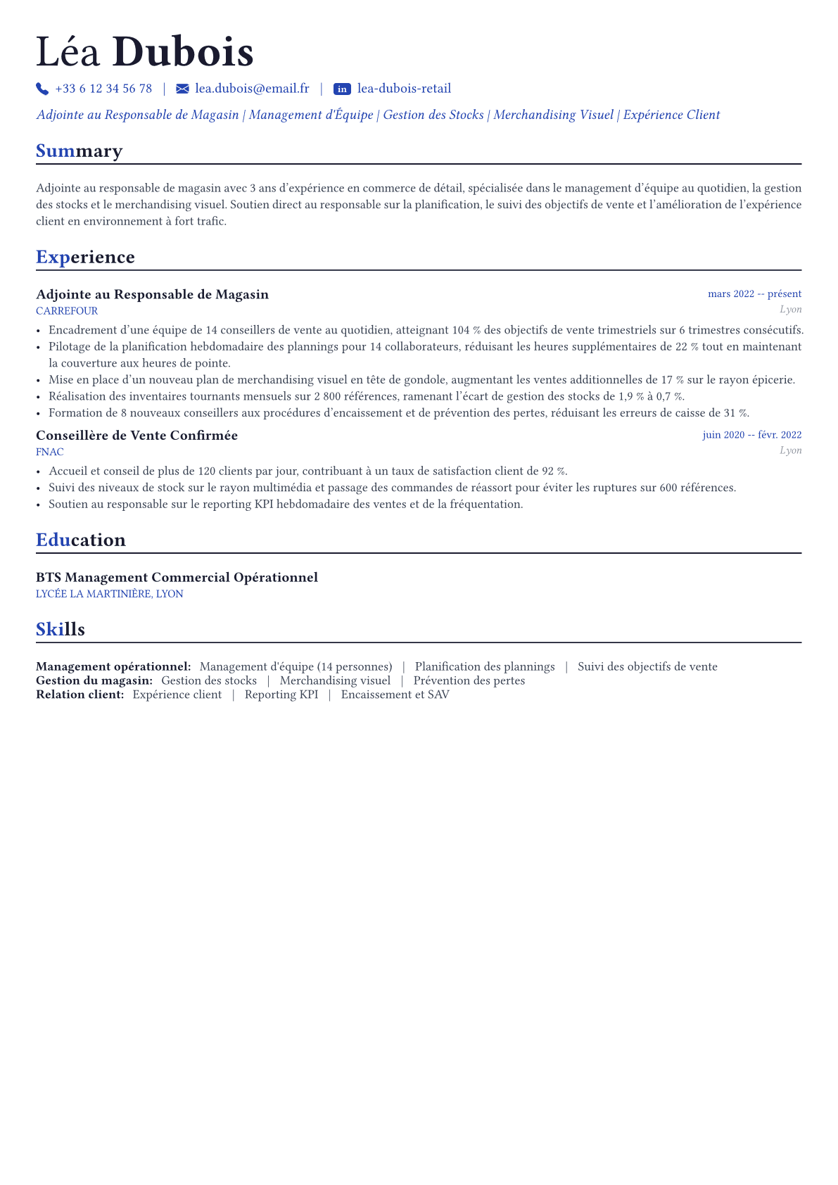 Responsable de magasin exemple de CV