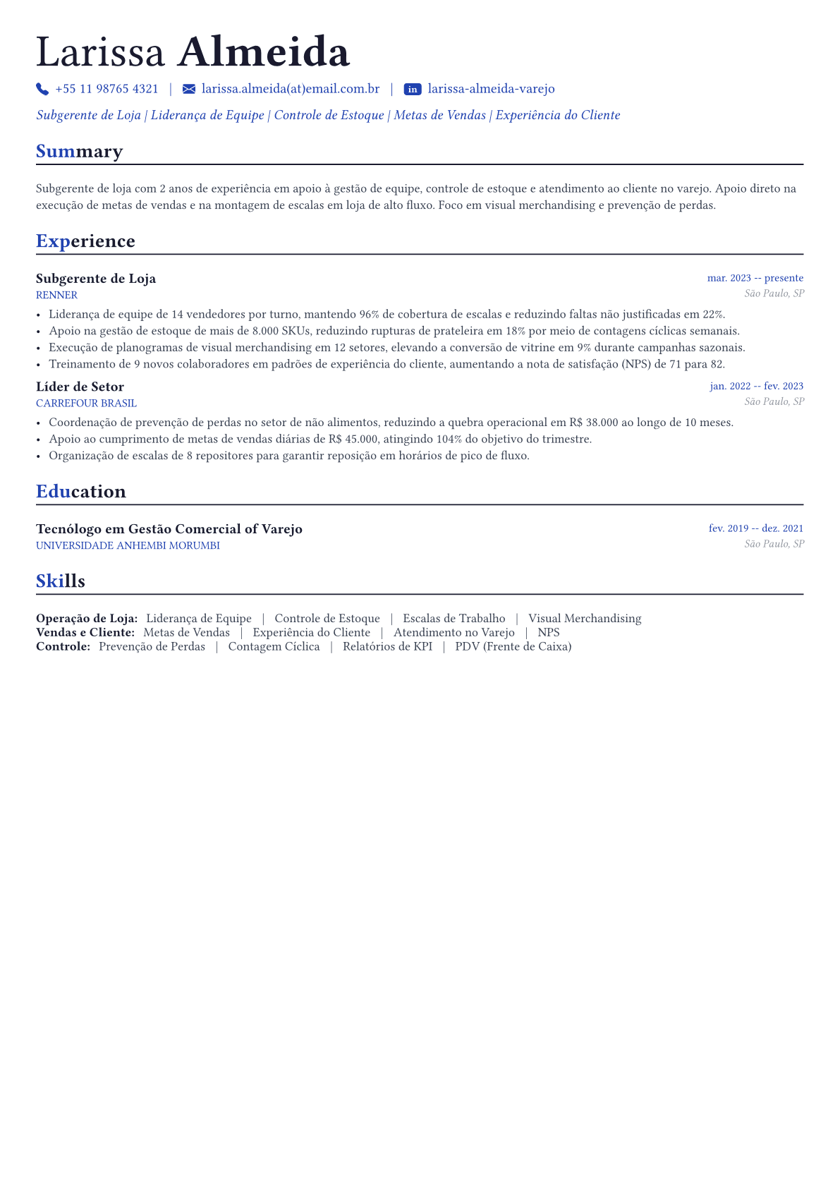 Gerente de loja exemplo de currículo