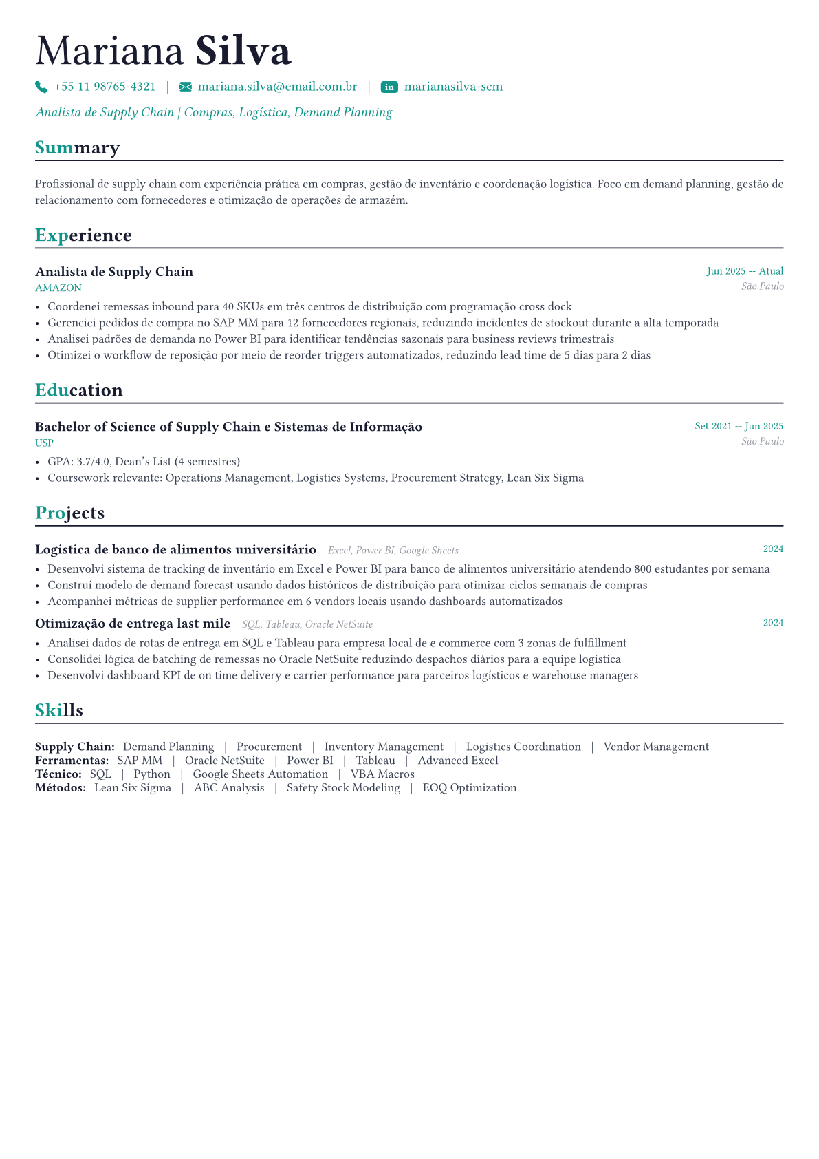 Supply Chain Manager exemplo de currículo