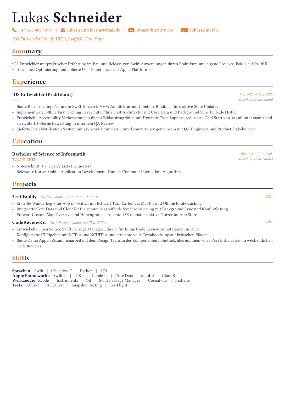 Swift Developer Lebenslauf-Beispiel