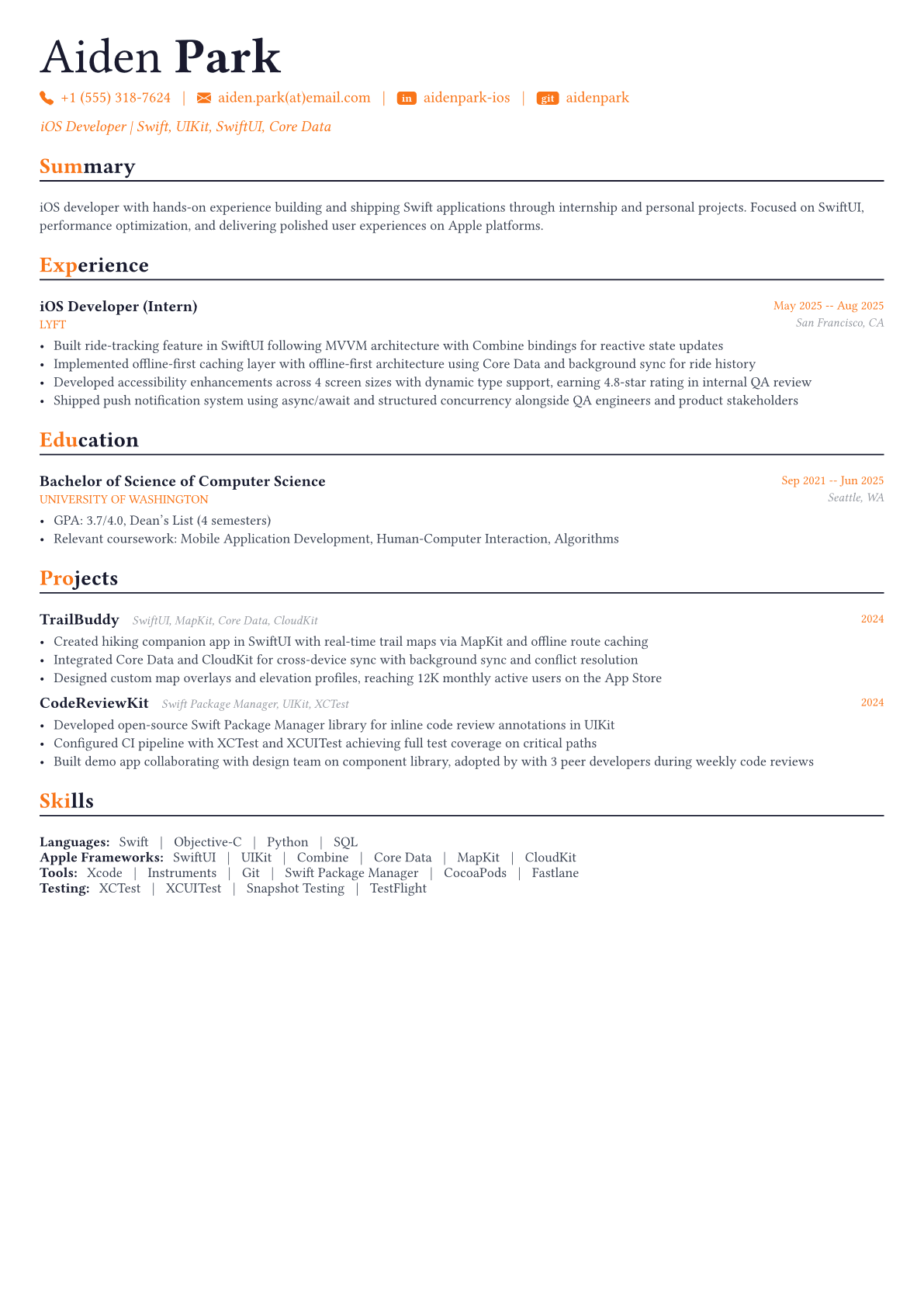 Swift Developer resume example