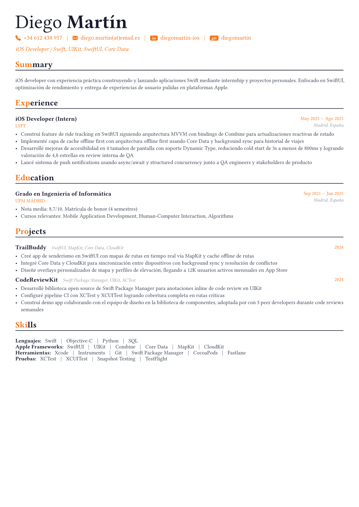 Swift Developer ejemplo de CV