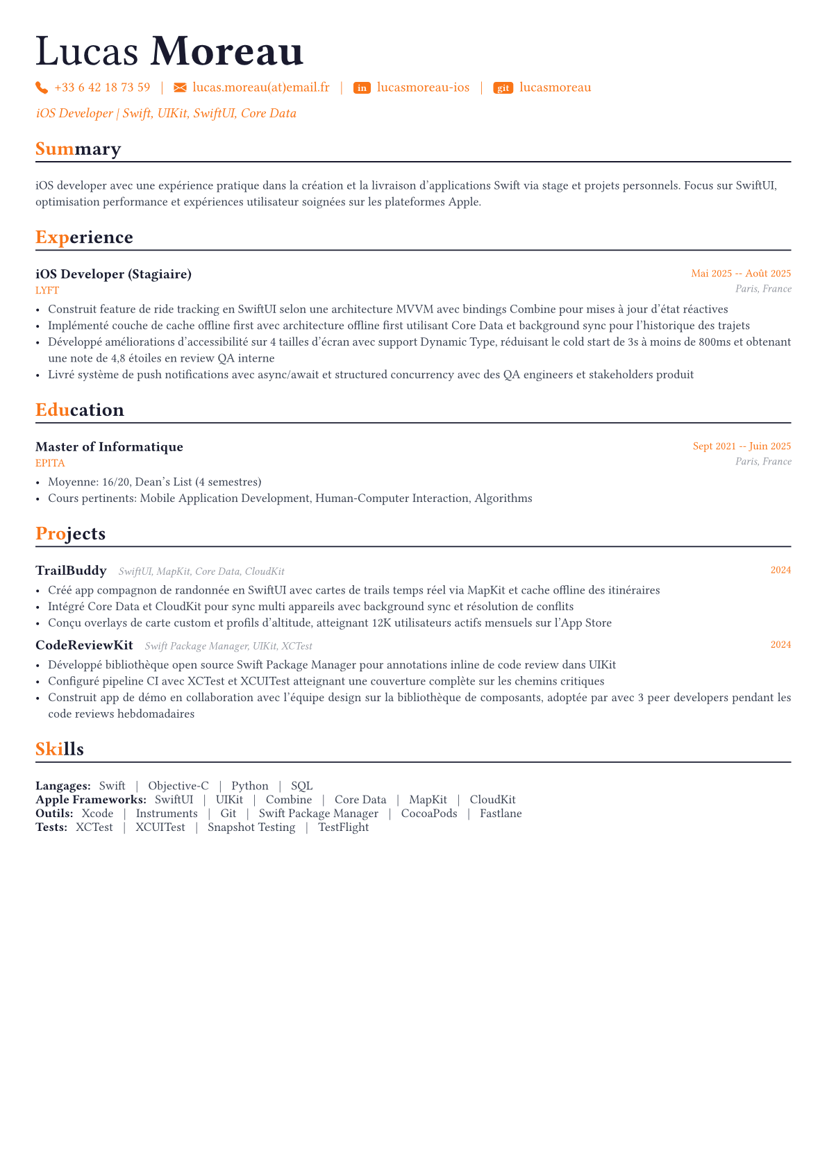 Swift Developer exemple de CV