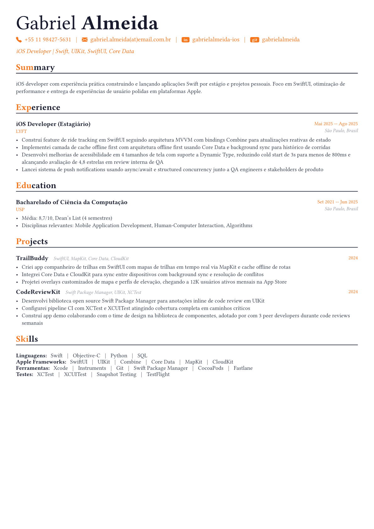 Swift Developer exemplo de currículo