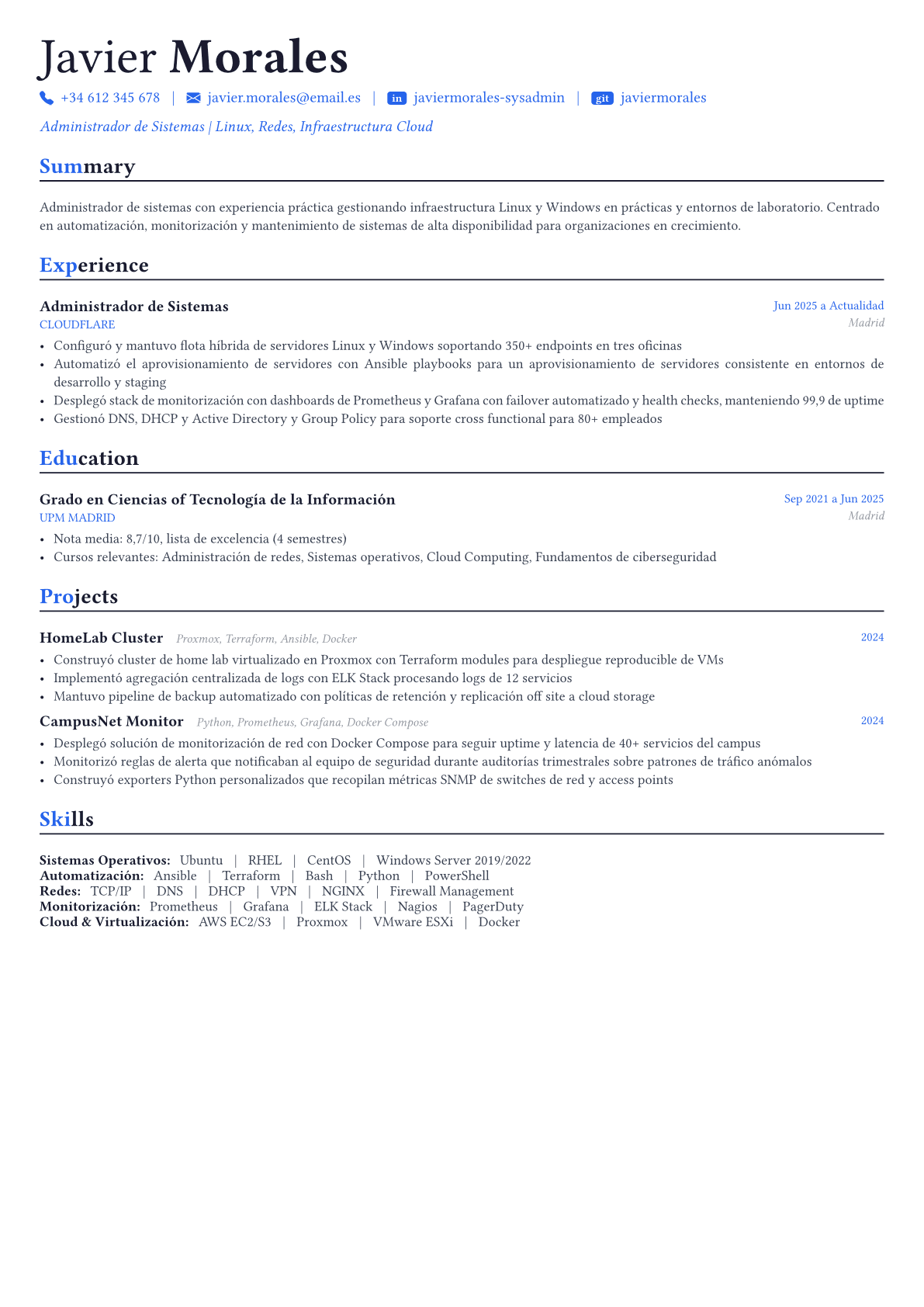System Administrator ejemplo de CV