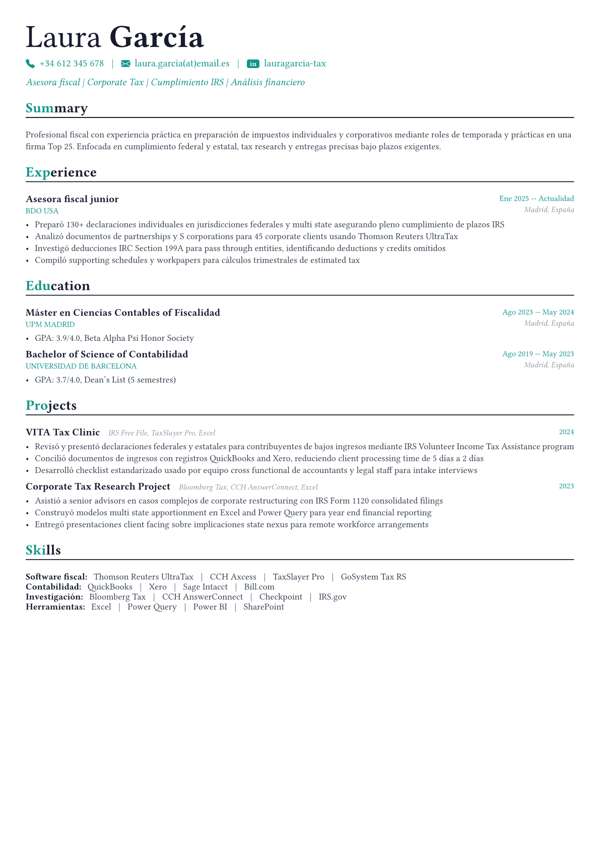 Tax Advisor ejemplo de CV