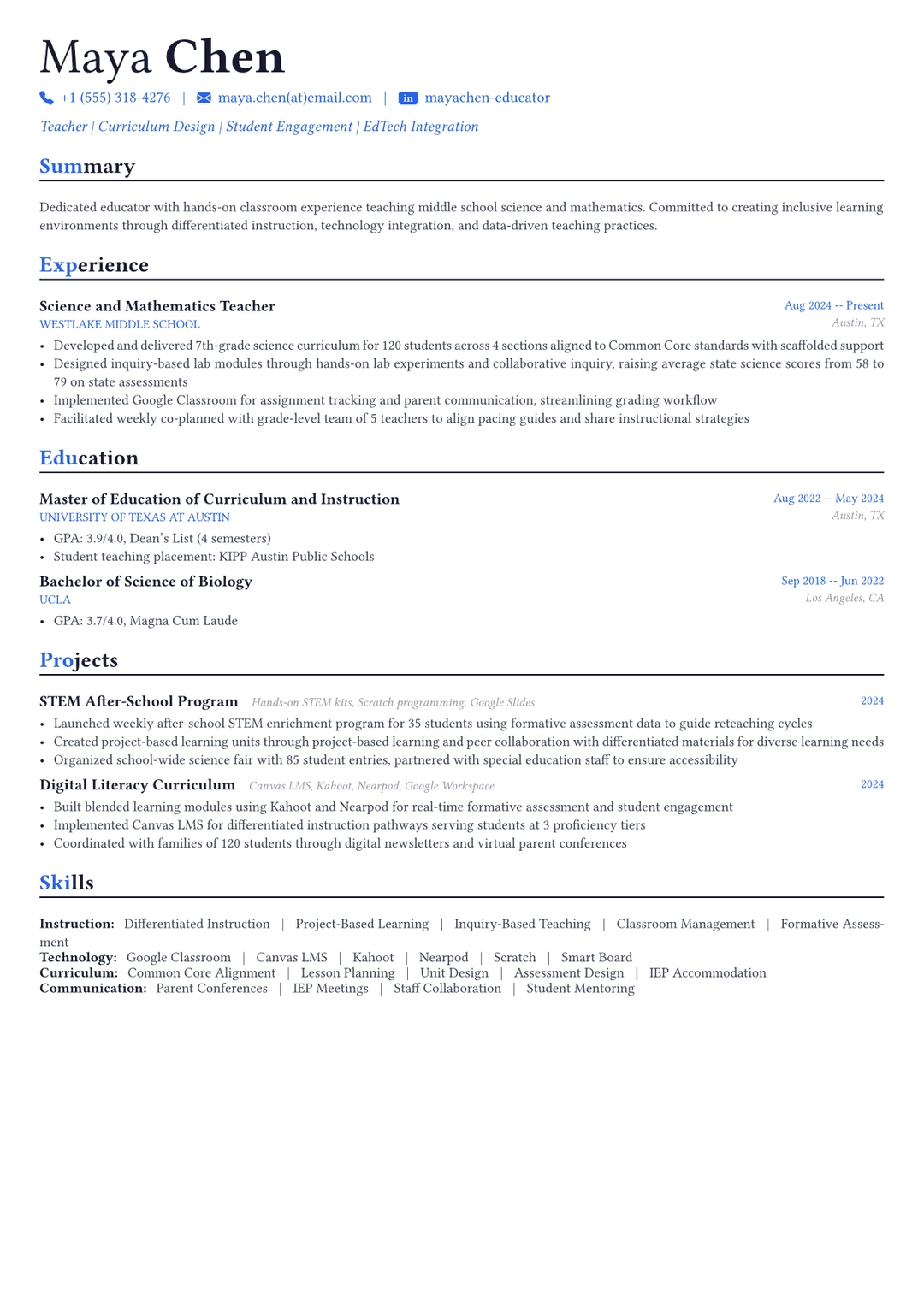 Teacher resume example
