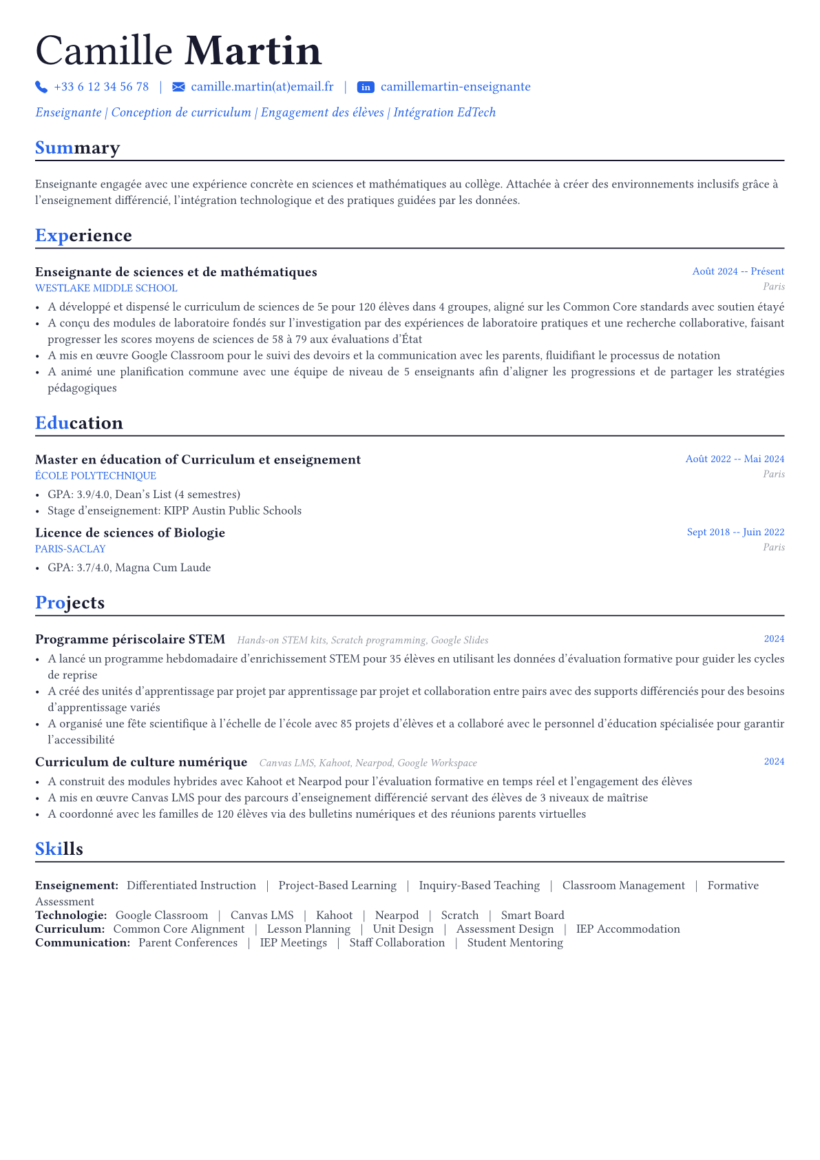 Teacher exemple de CV