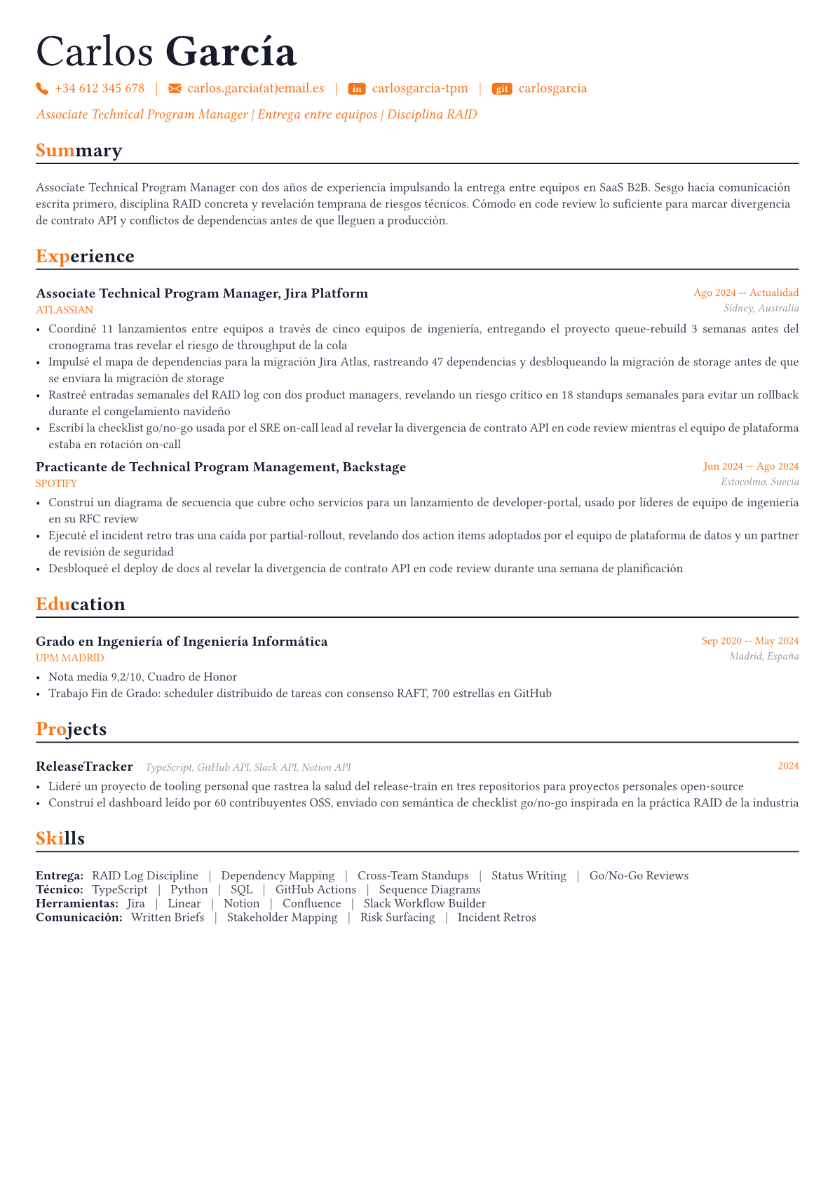 Technical Program Manager ejemplo de CV