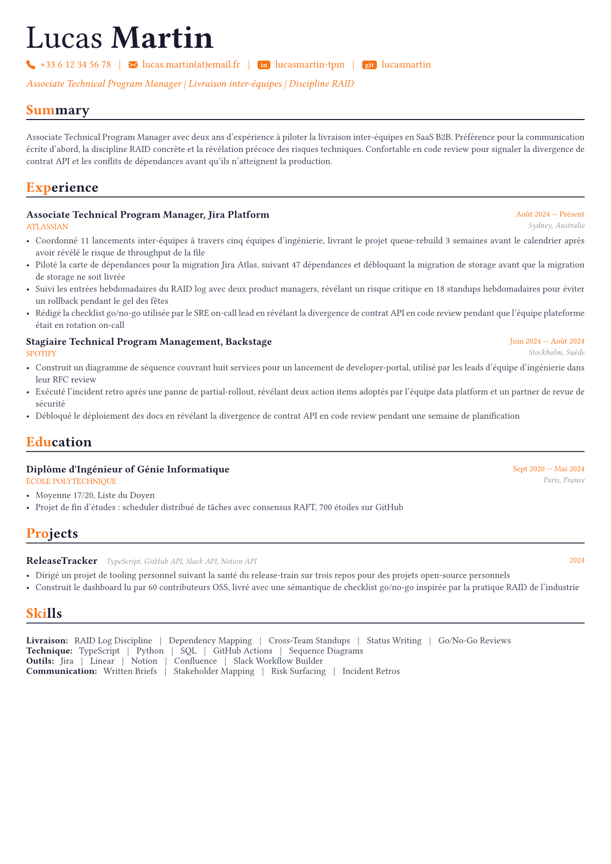Technical Program Manager exemple de CV