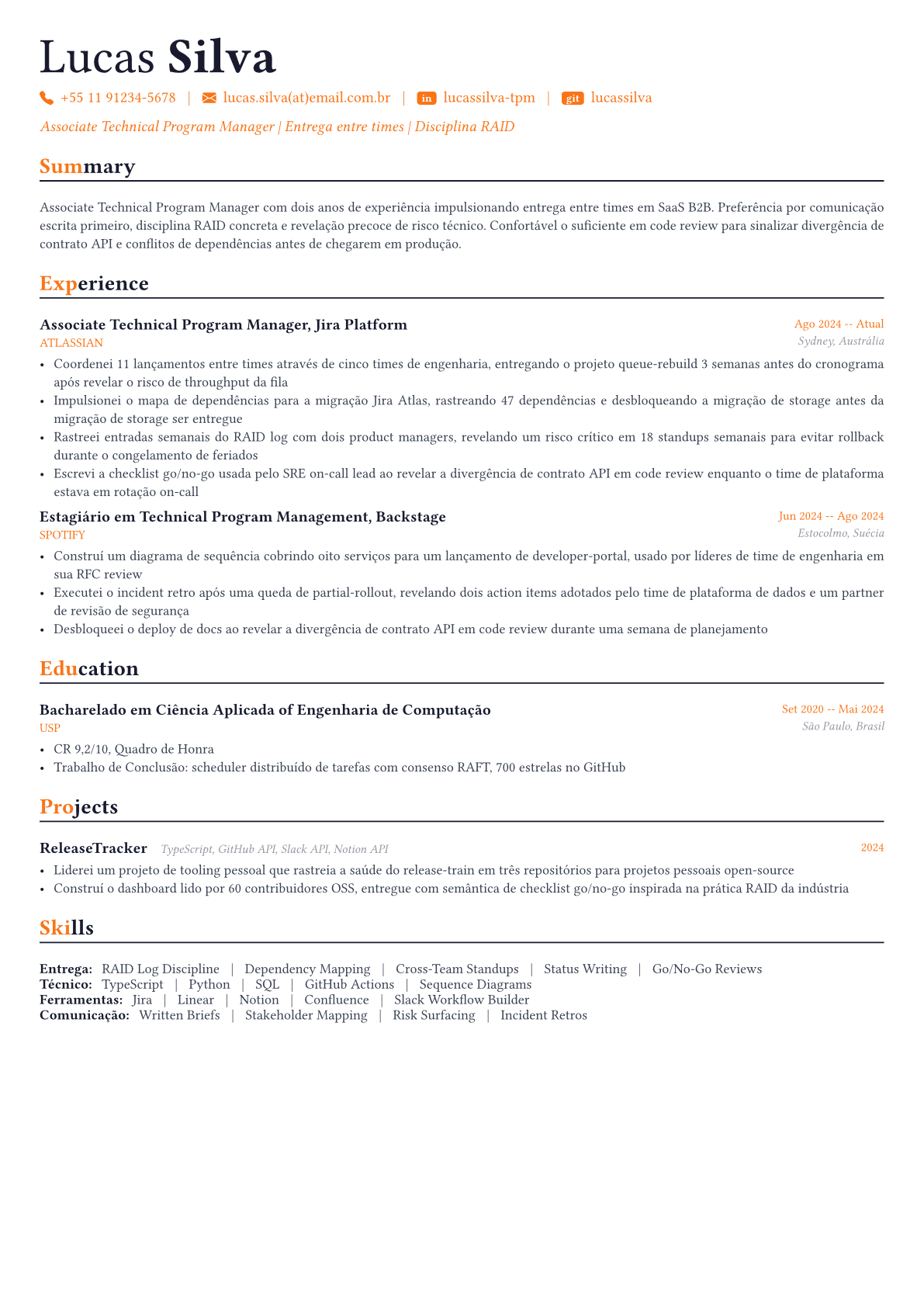 Technical Program Manager exemplo de currículo