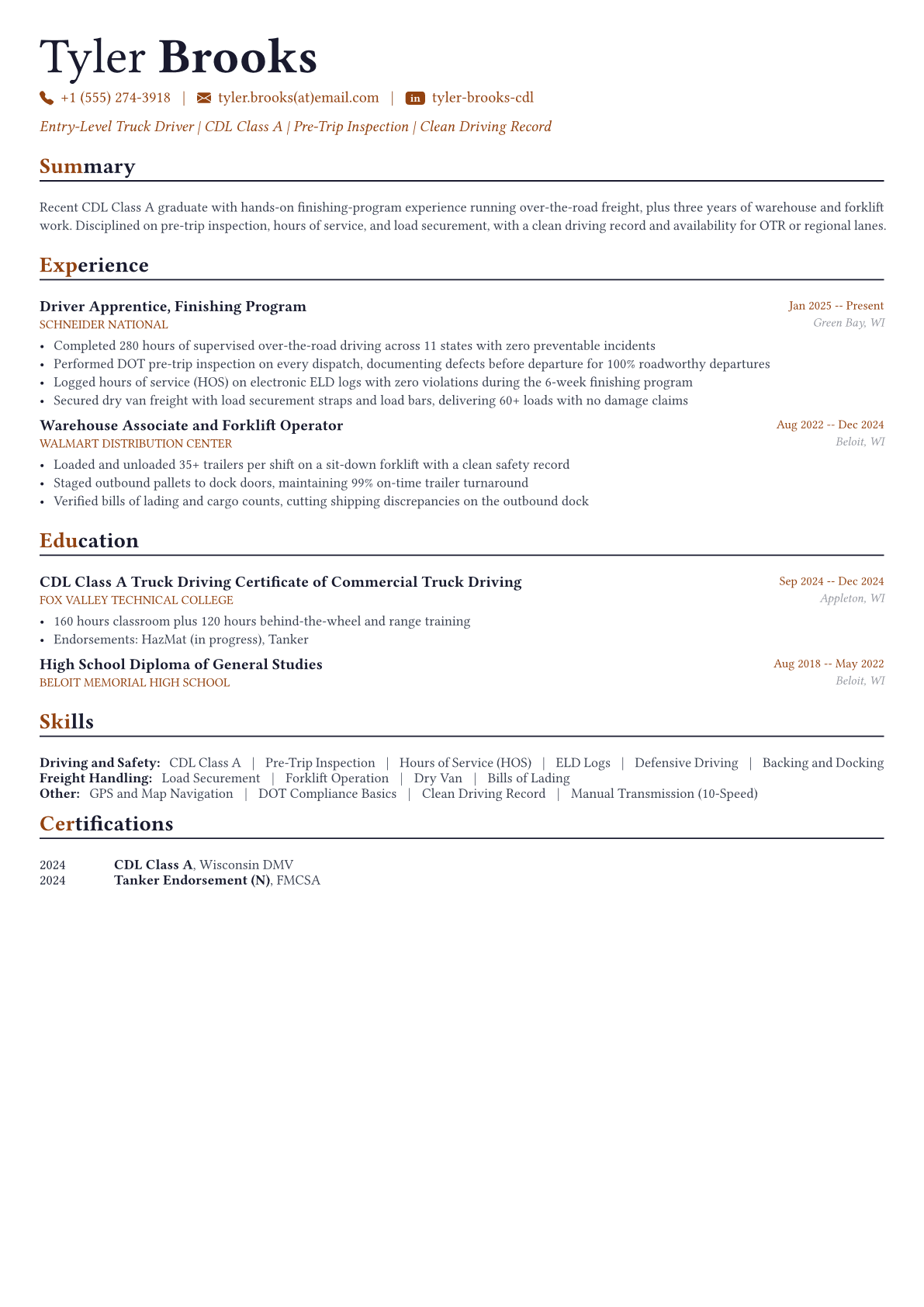 Truck Driver resume example