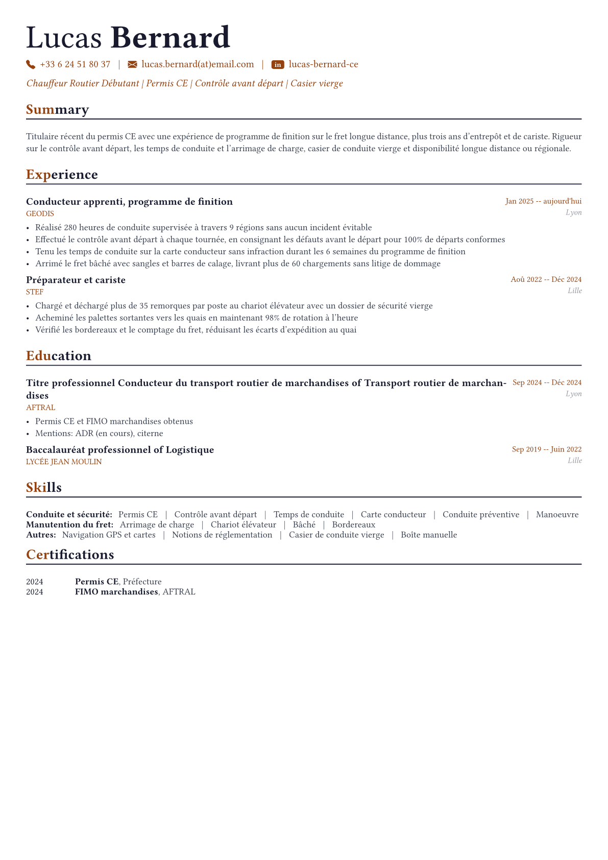 Chauffeur Routier exemple de CV
