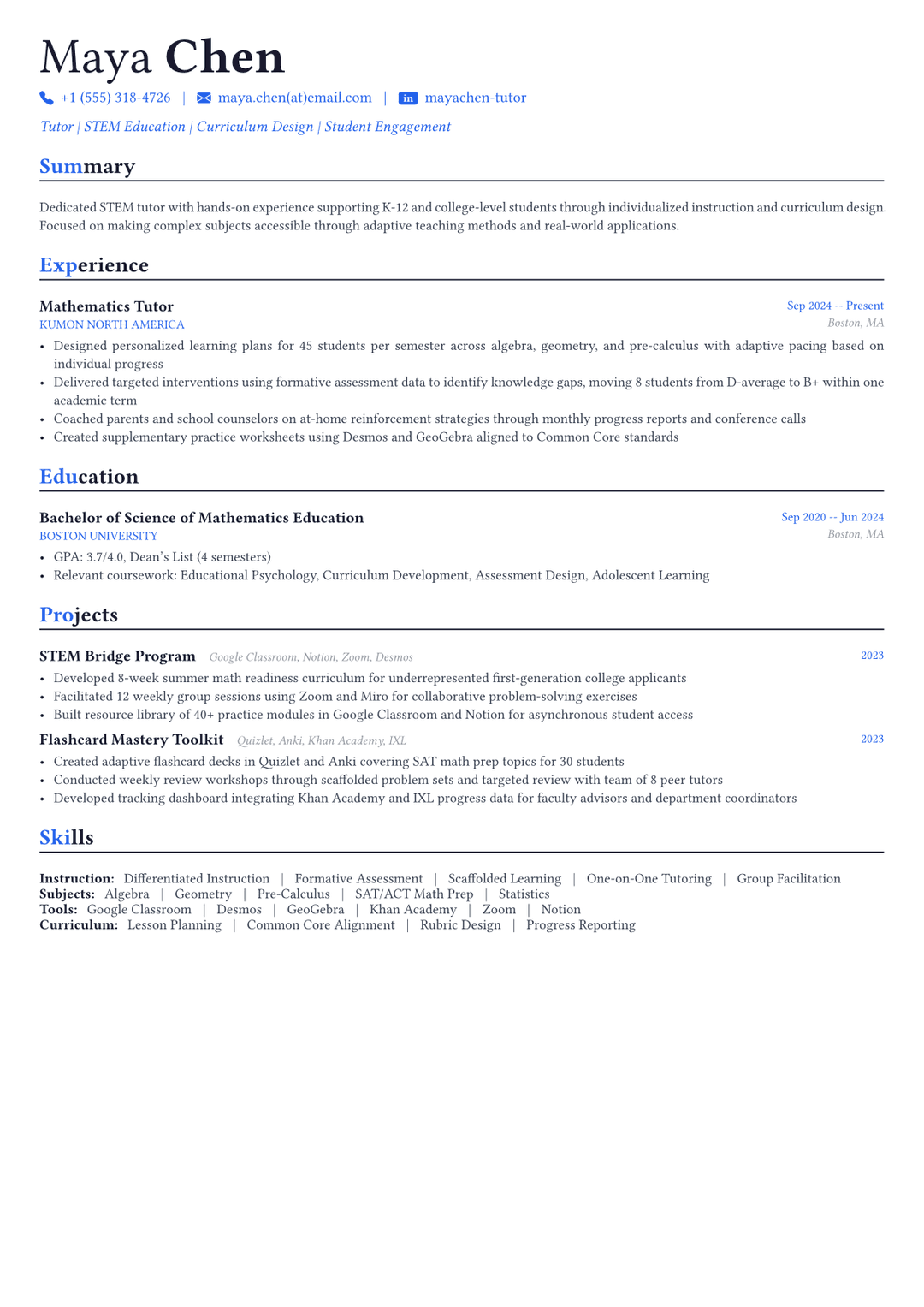 Tutor resume example