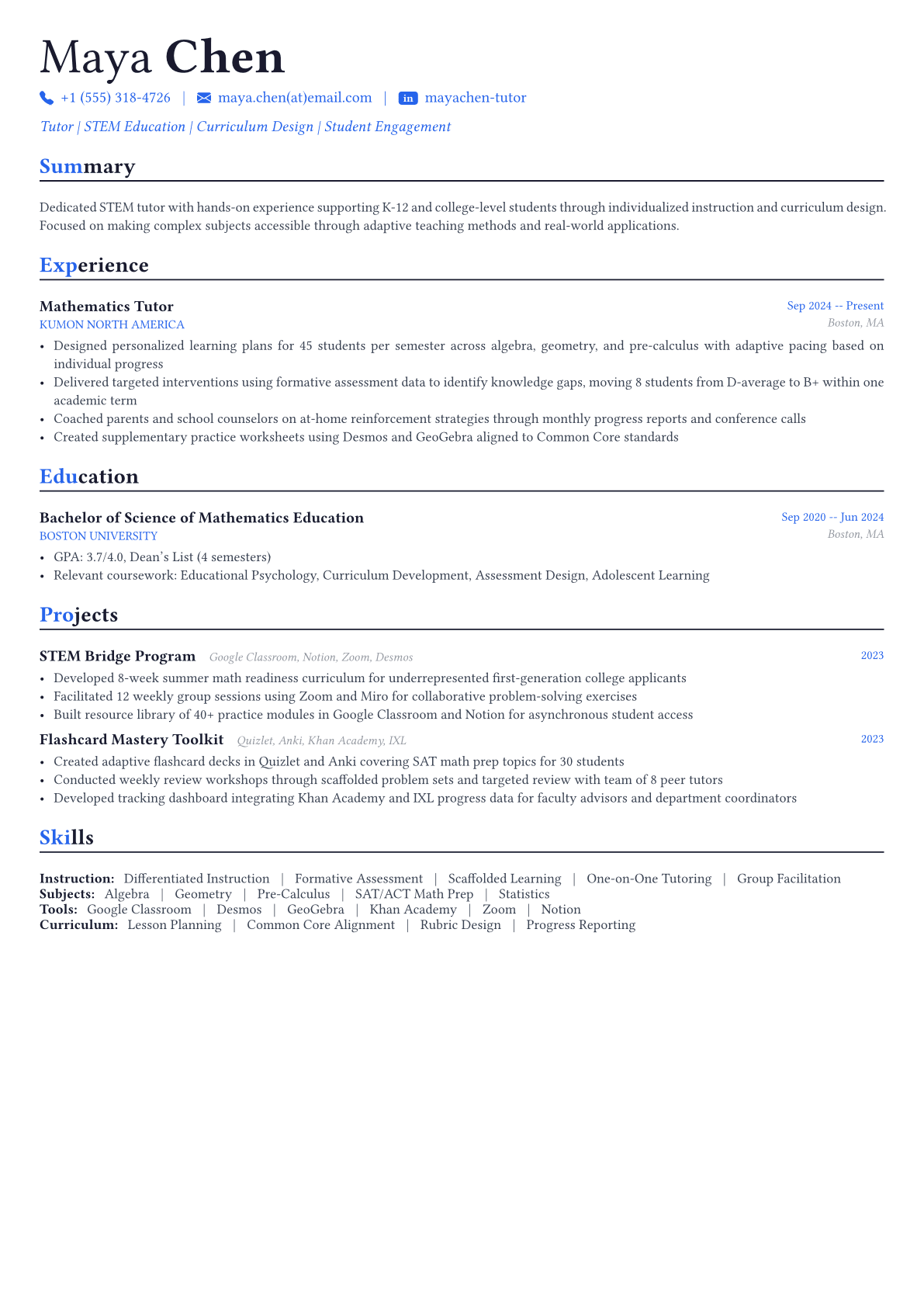 Tutor resume example