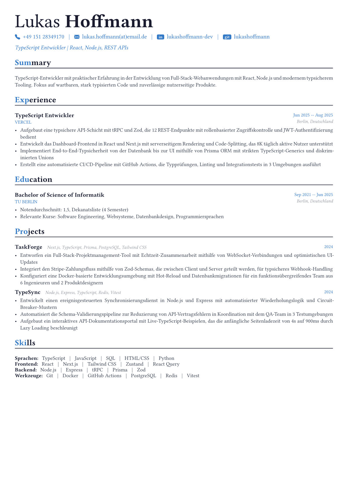 TypeScript Developer Lebenslauf-Beispiel