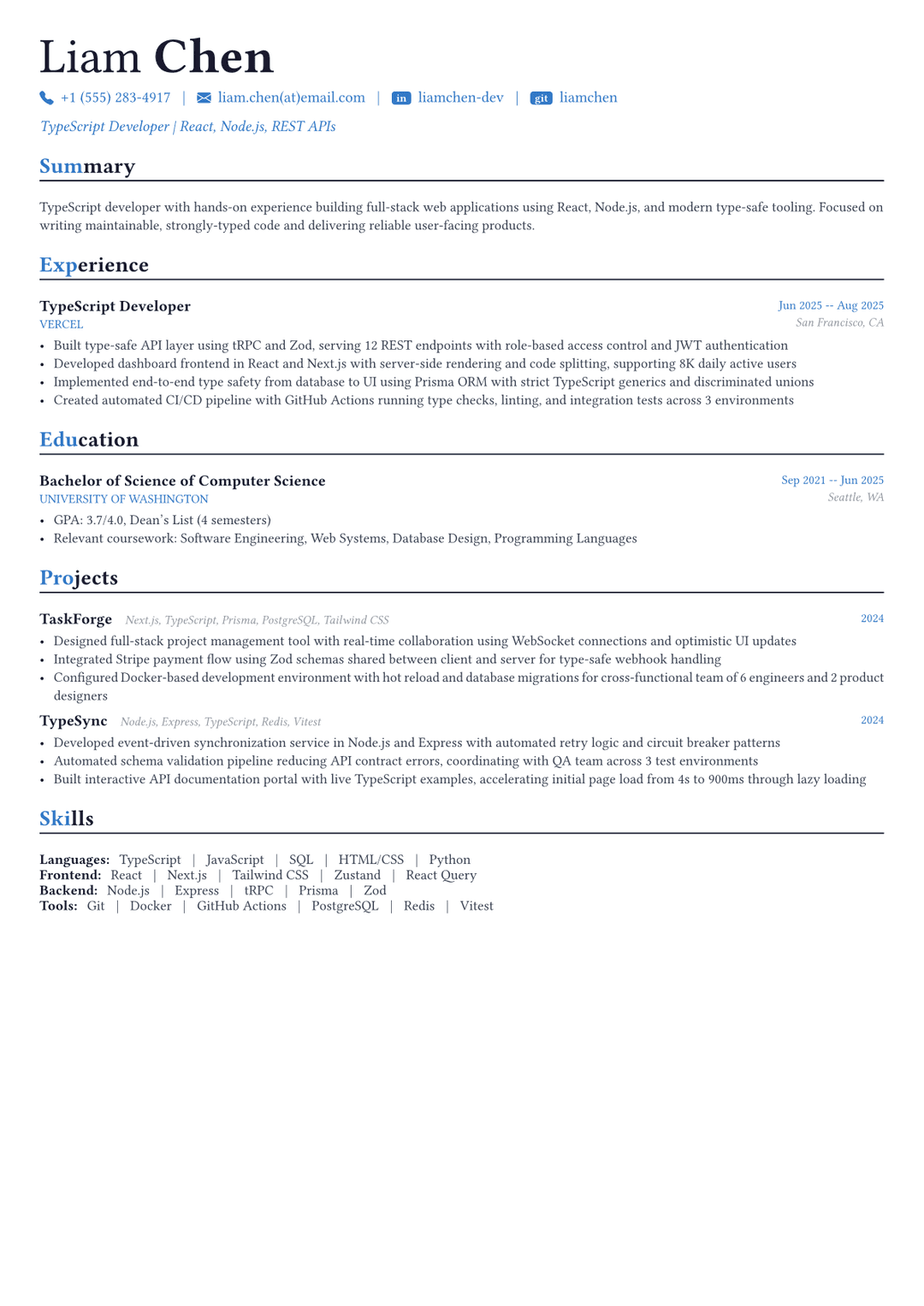 TypeScript Developer resume example