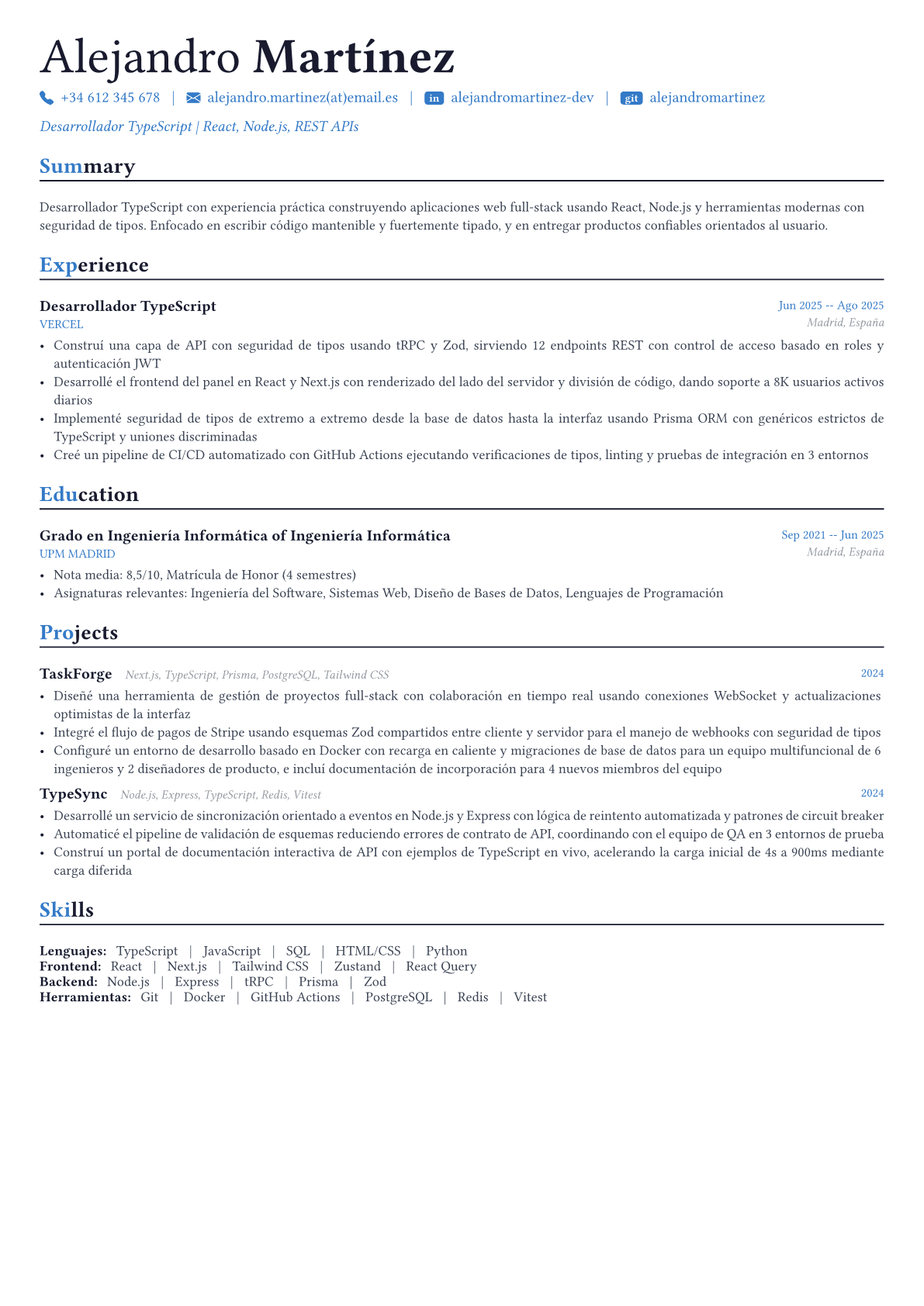 TypeScript Developer ejemplo de CV