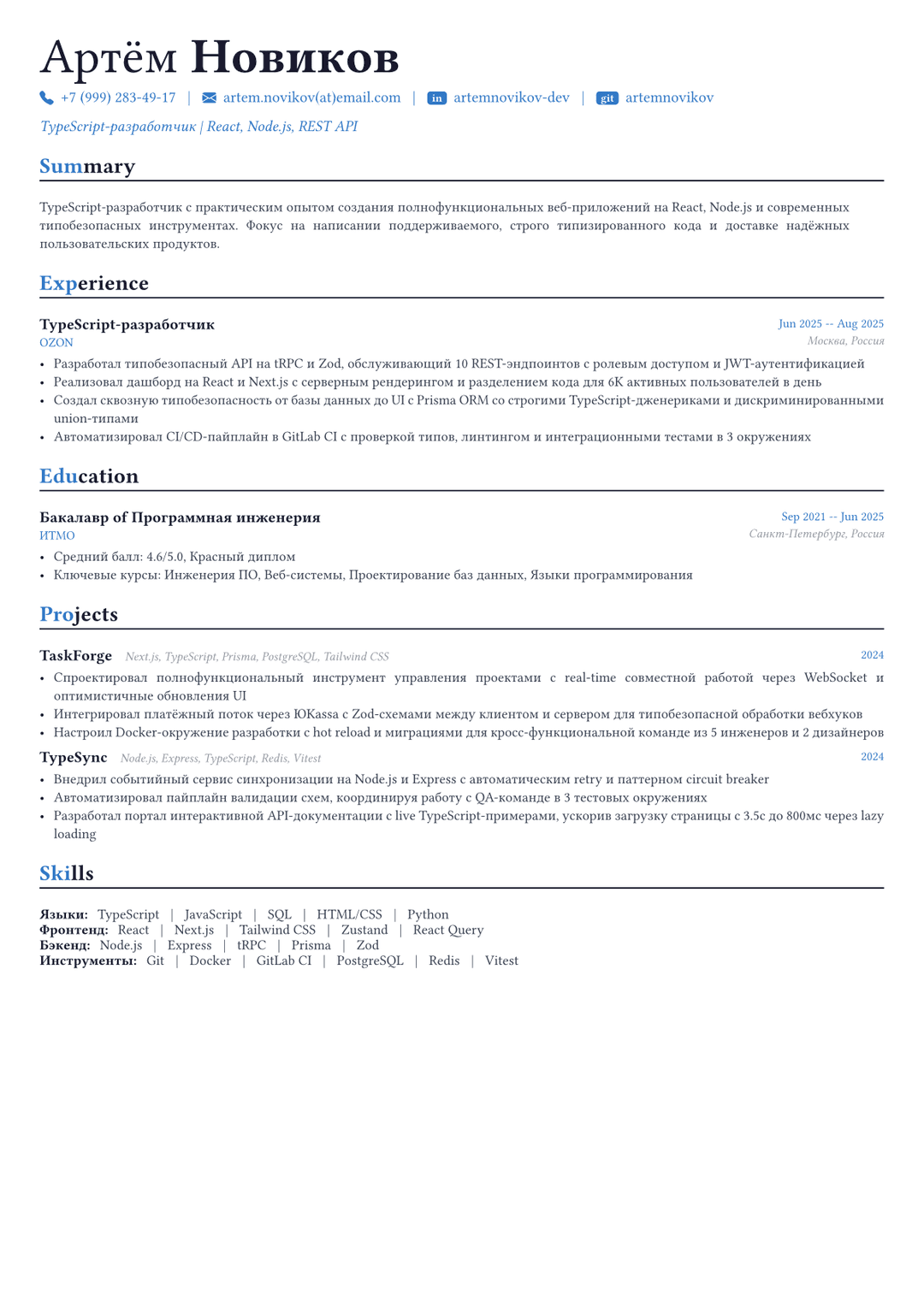 TypeScript-разработчик пример CV