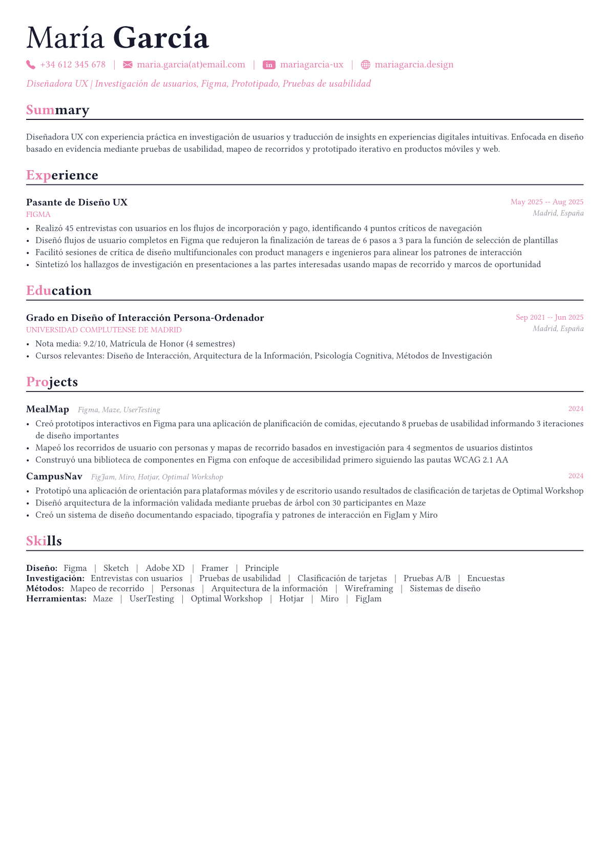 UX Designer ejemplo de CV