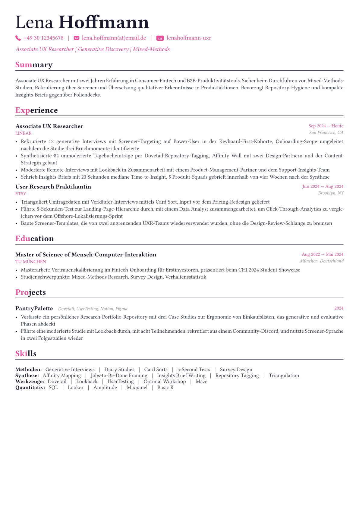 UX Researcher Lebenslauf-Beispiel