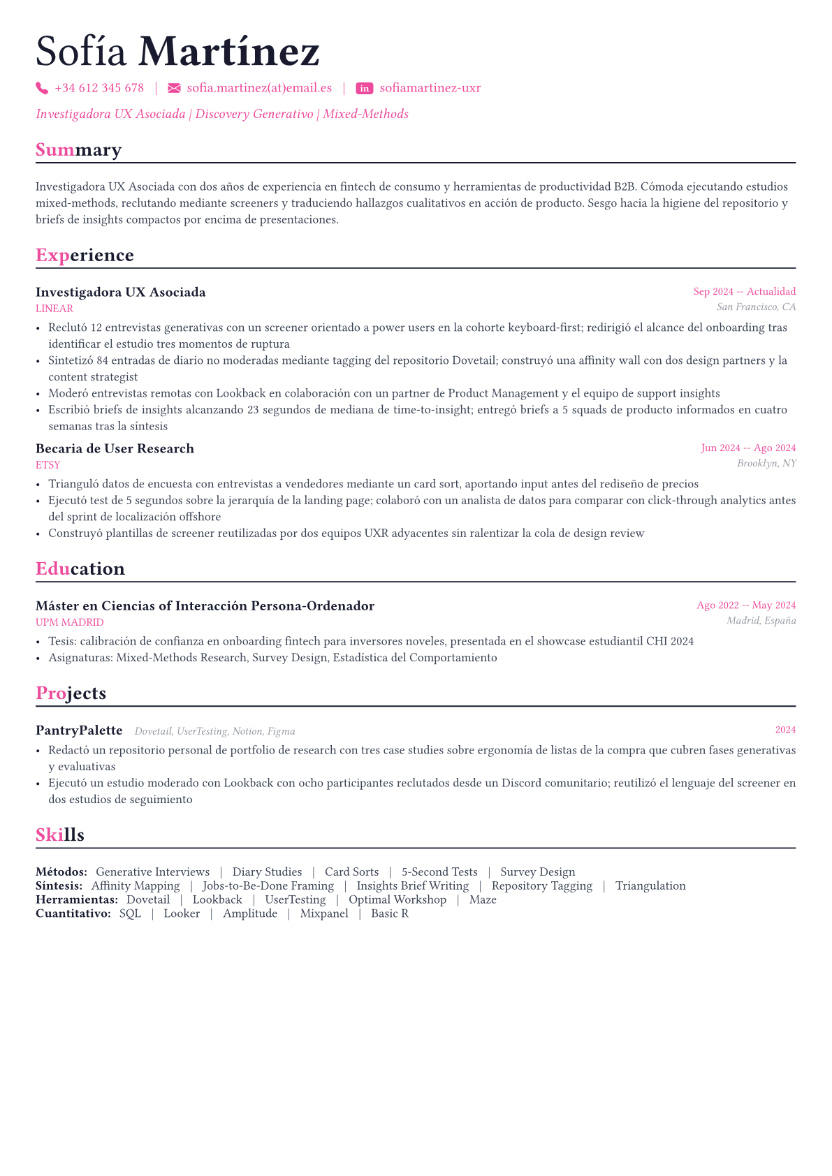 UX Researcher ejemplo de CV