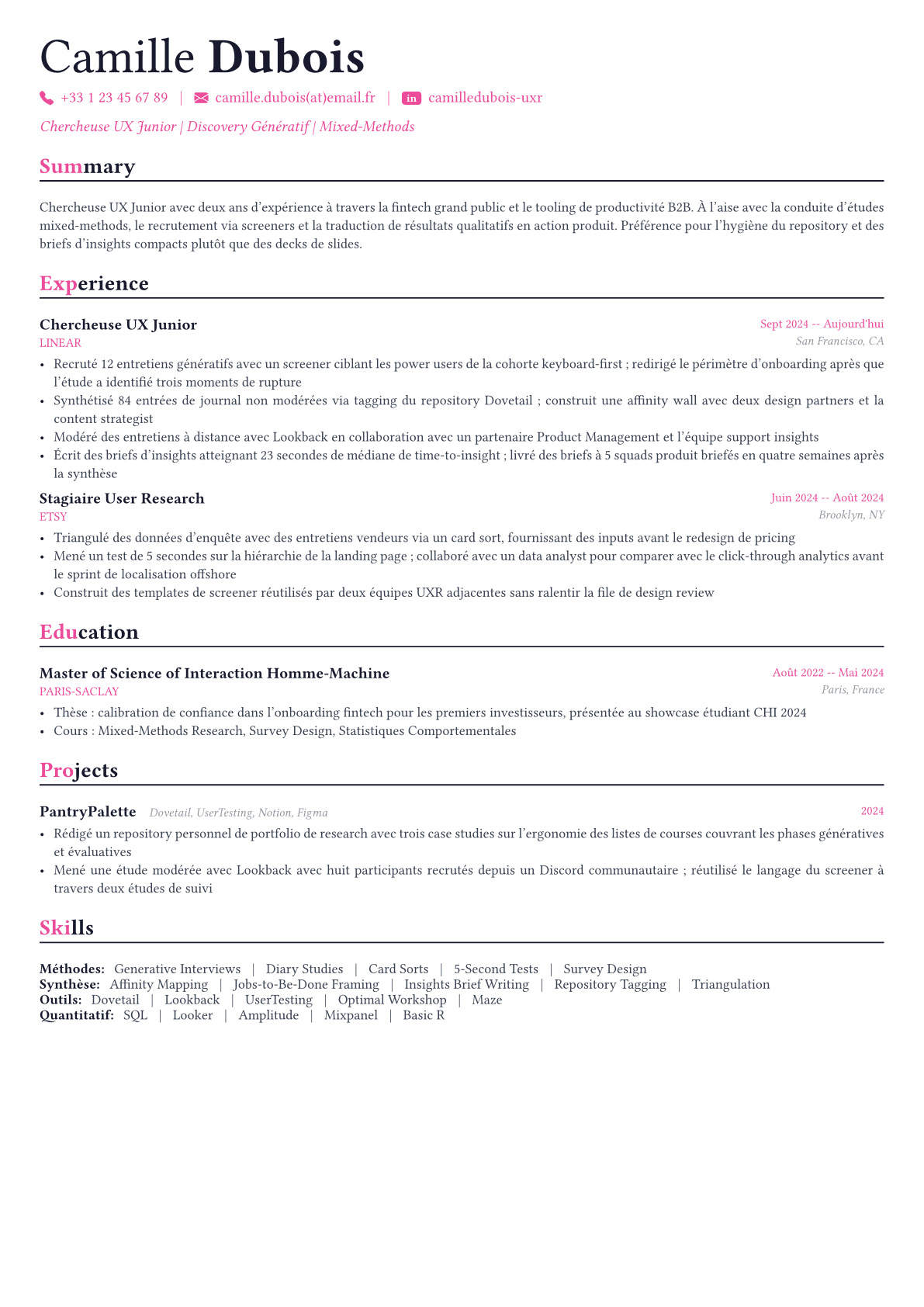UX Researcher exemple de CV