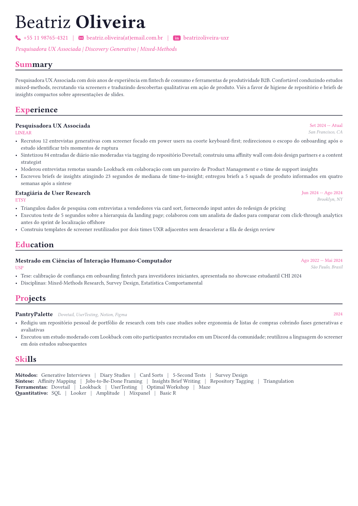 UX Researcher exemplo de currículo