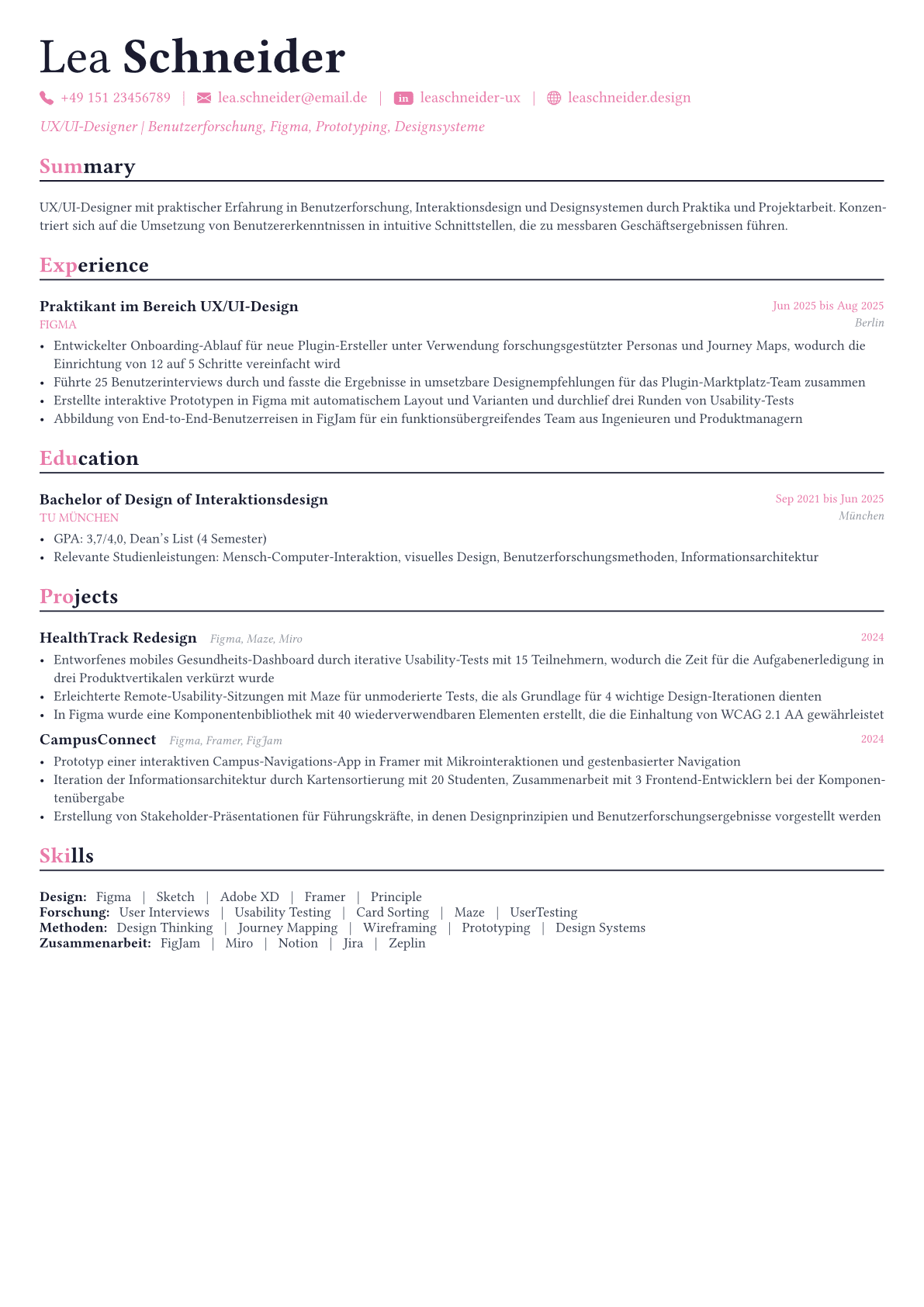 UX/UI Designer Lebenslauf-Beispiel