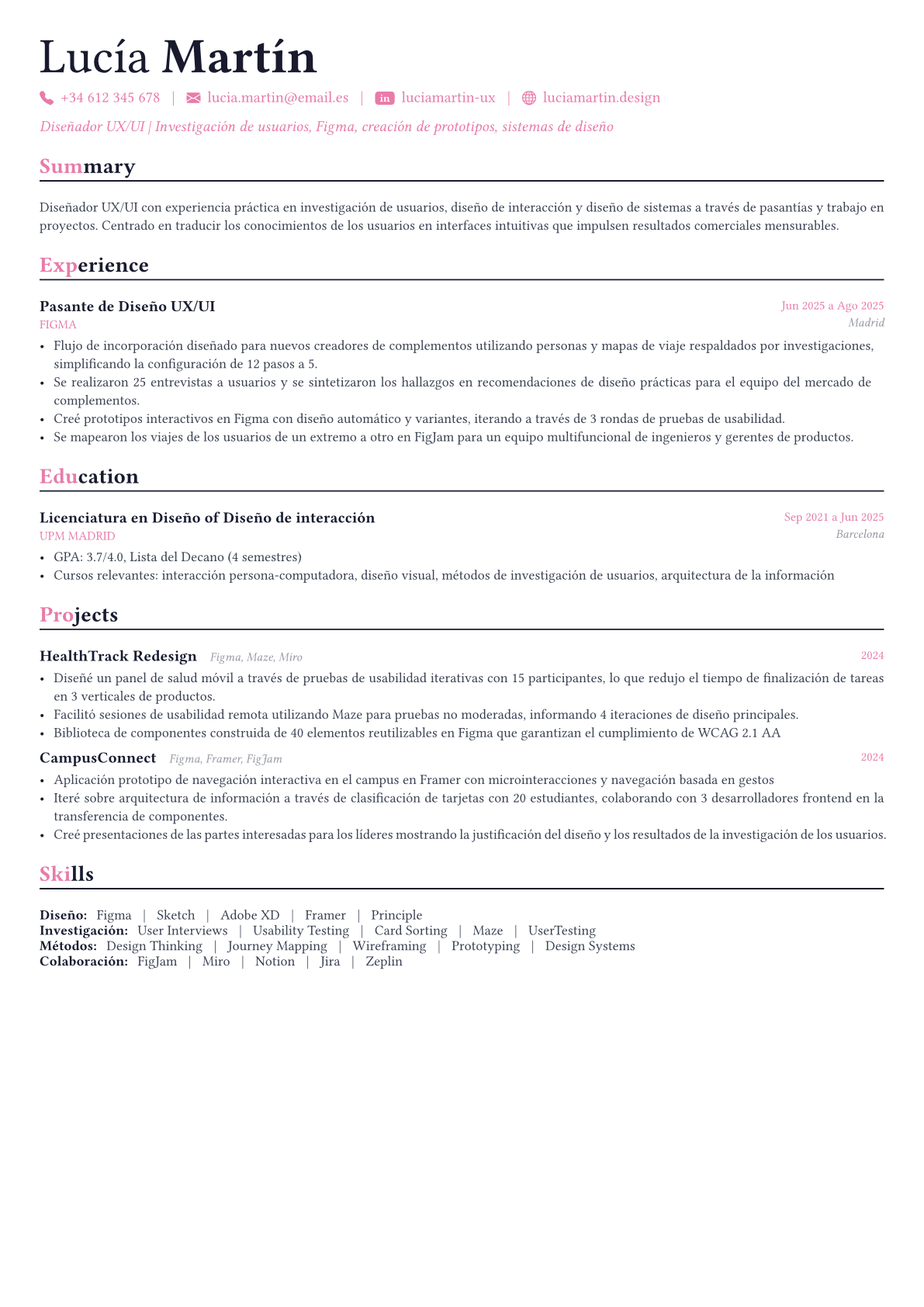UX/UI Designer ejemplo de CV