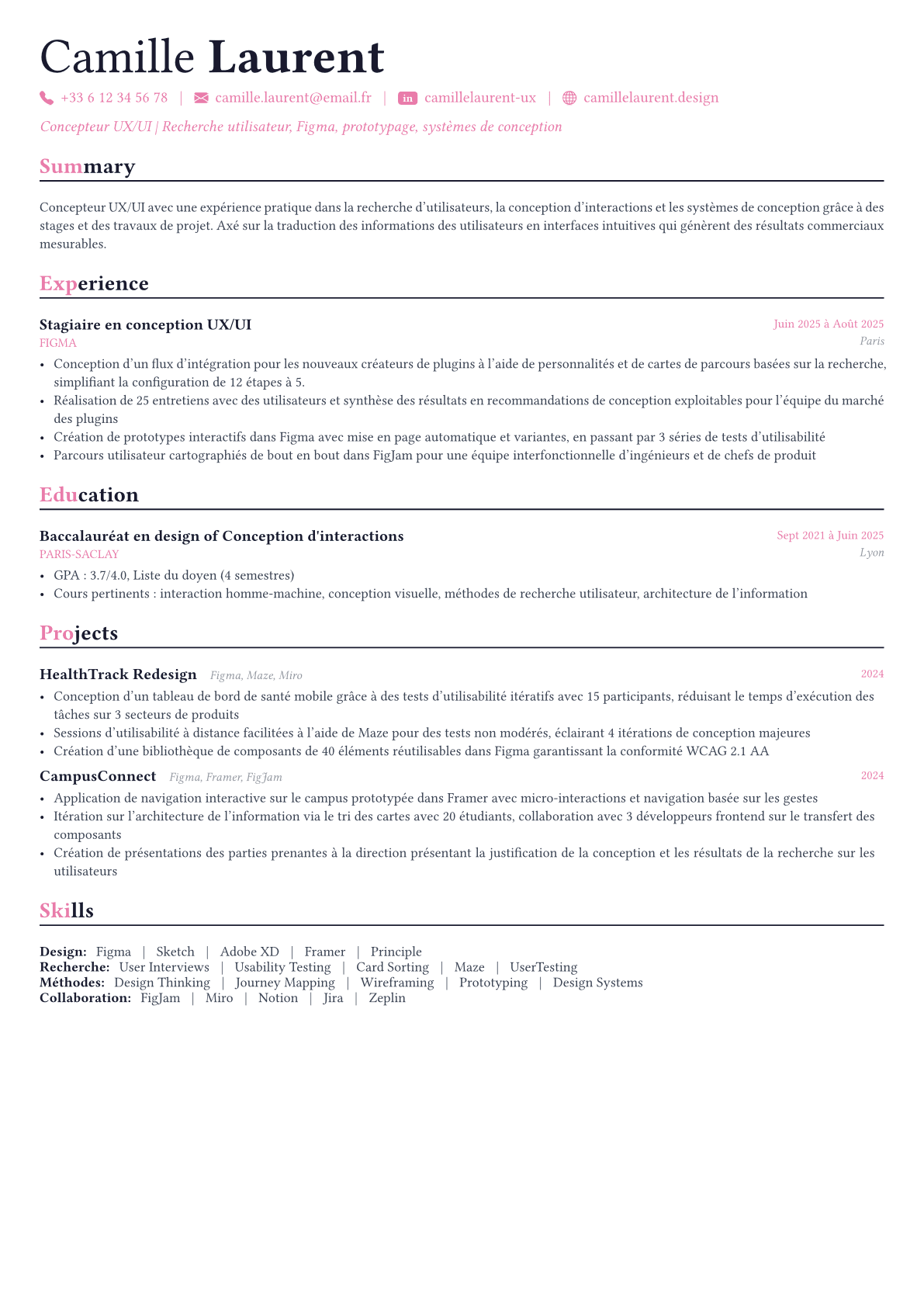 UX/UI Designer exemple de CV
