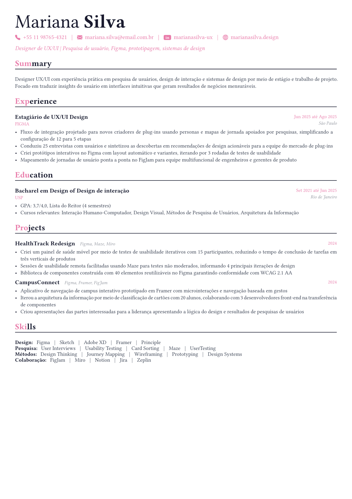 UX/UI Designer exemplo de currículo