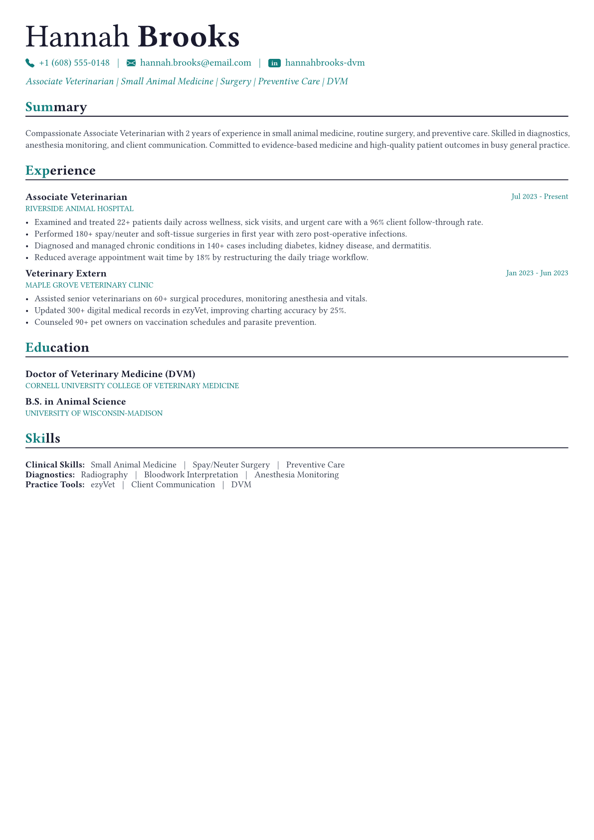 Veterinarian resume example