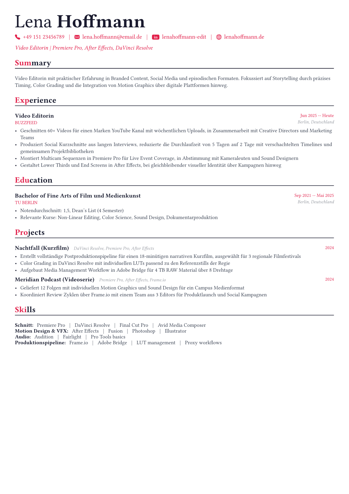 Video Editor Lebenslauf-Beispiel