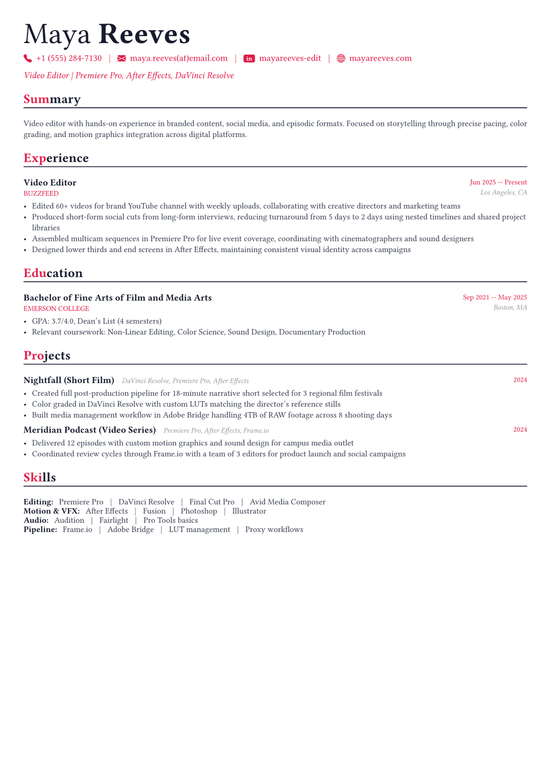 Video Editor resume example