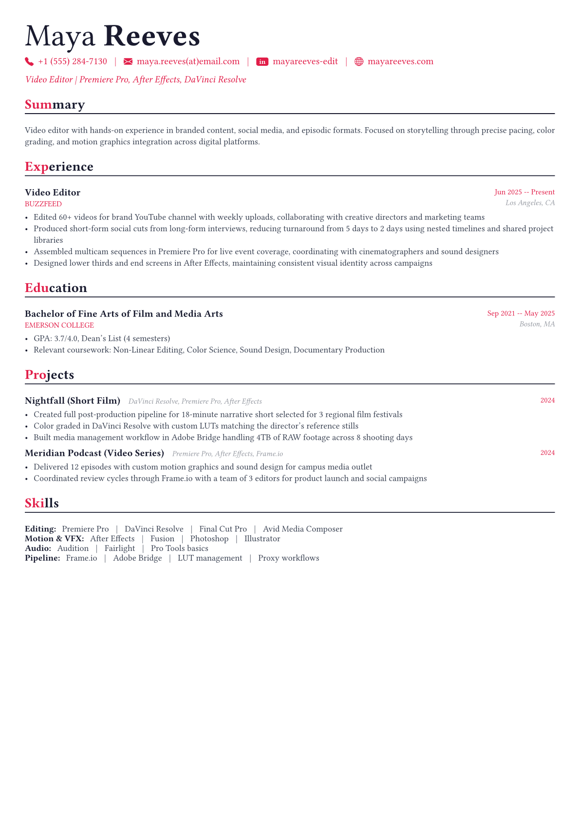 Video Editor resume example