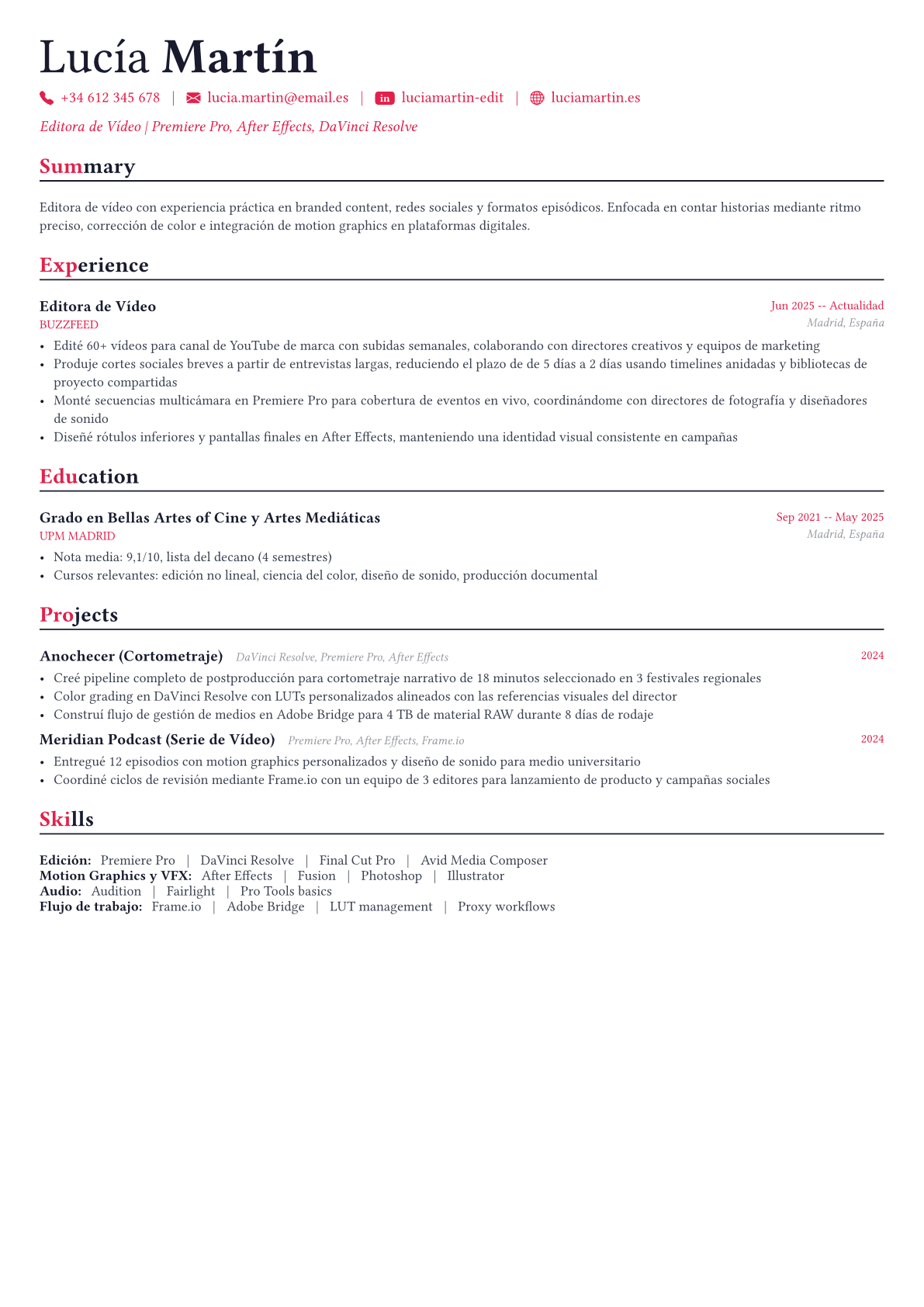Video Editor ejemplo de CV