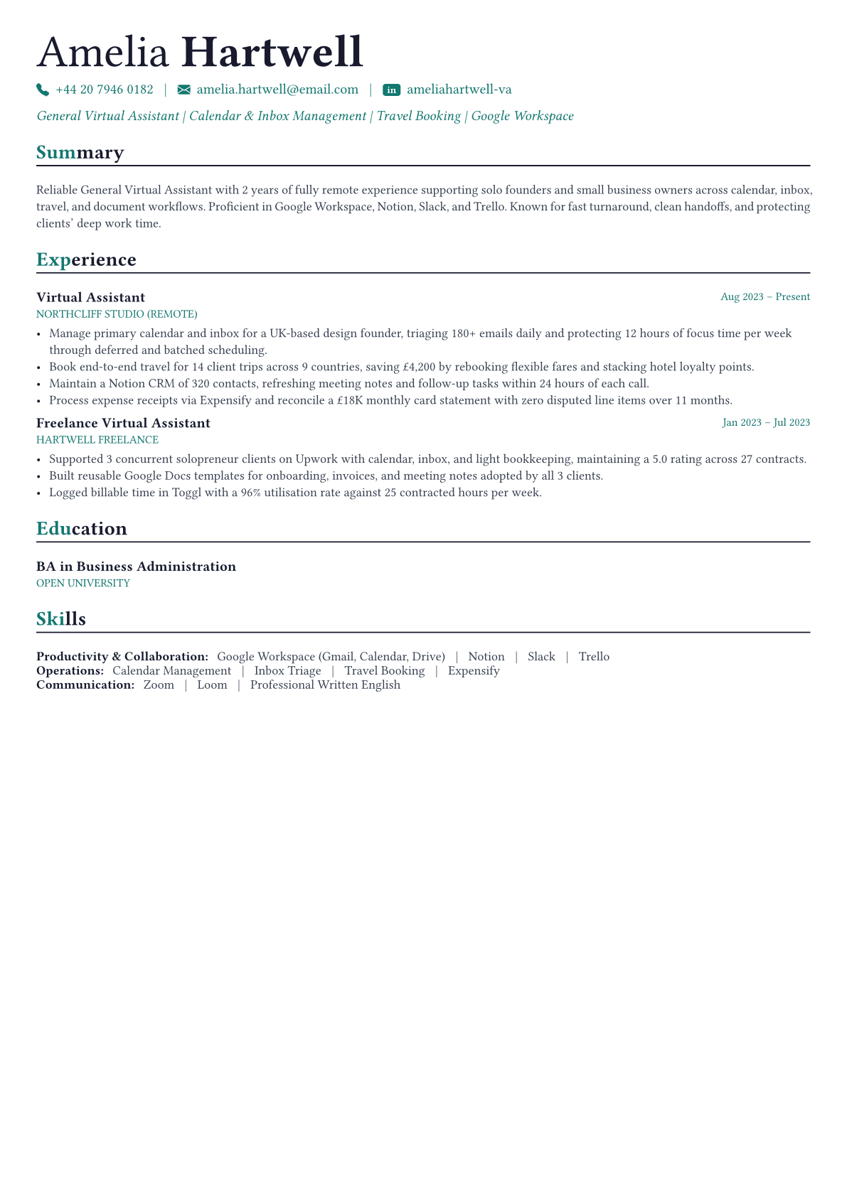 Virtual Assistant resume example