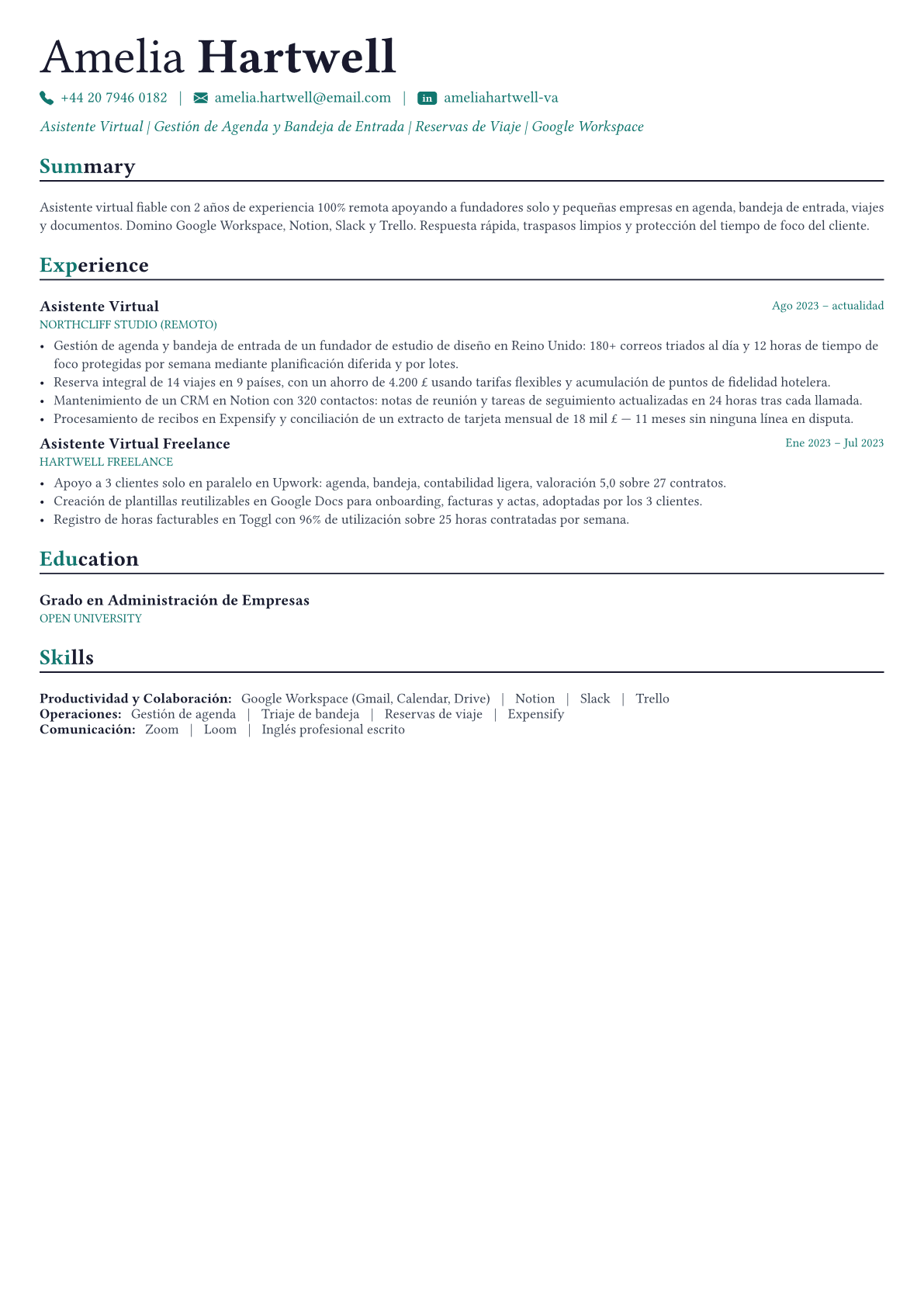 Virtual Assistant ejemplo de CV