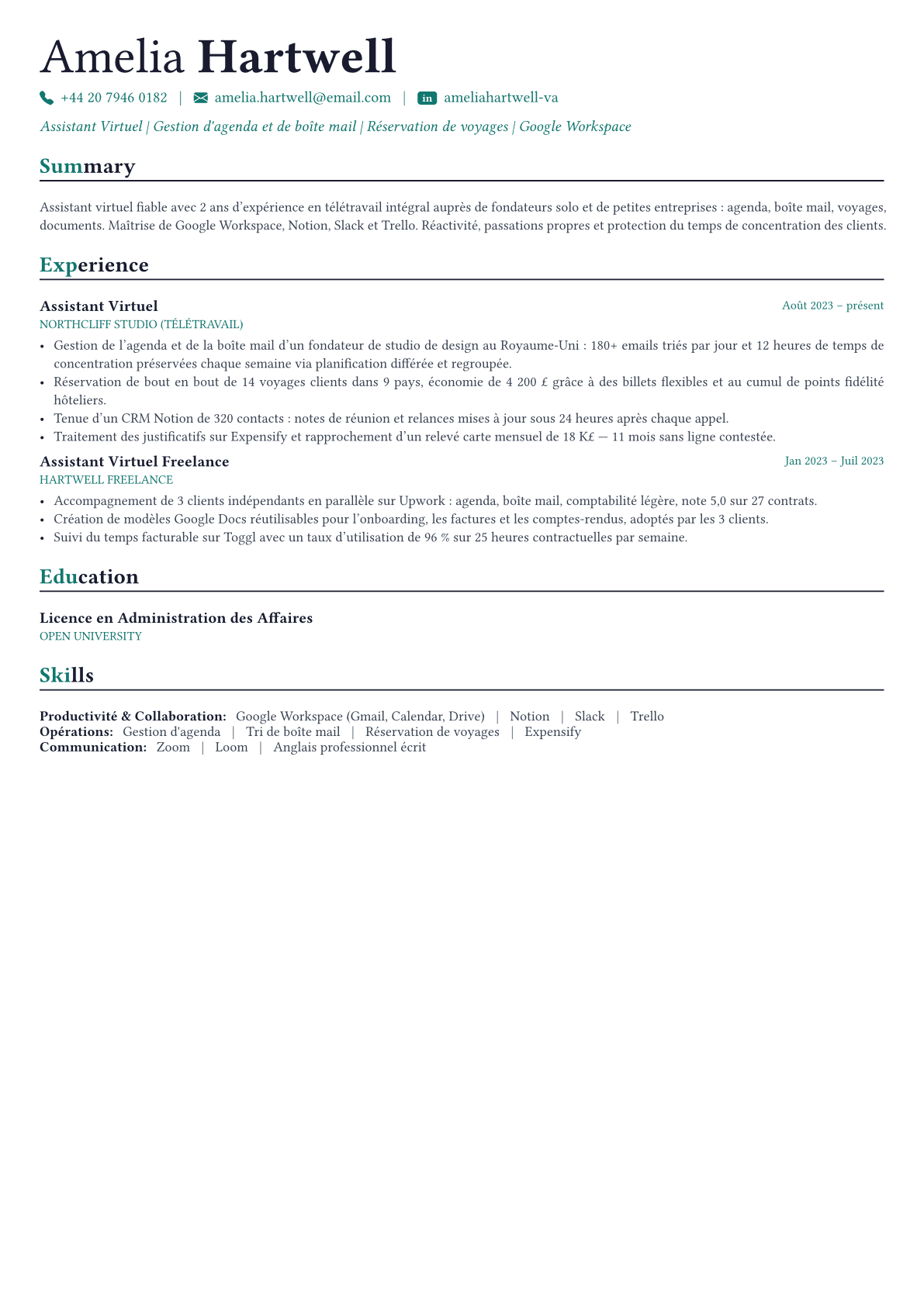 Virtual Assistant exemple de CV